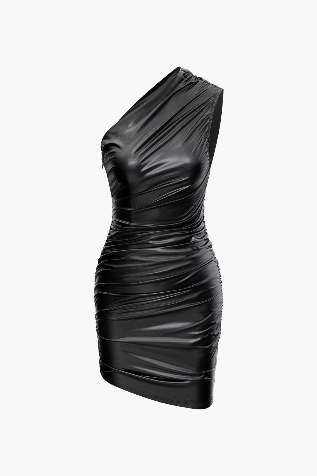 Faux Leather Asymmetric Ruched Mini Dress for Y2K Aesthetic and Grunge Style Fashion