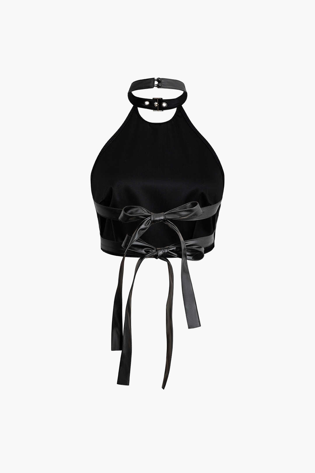 Faux Leather Backless Halter Top - Y2K Fashion Essential for Edgy Aesthetic Outfits