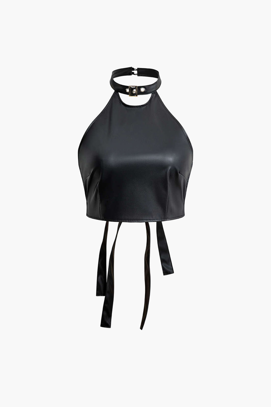 Faux Leather Backless Halter Top - Y2K Fashion Essential for Edgy Aesthetic Outfits