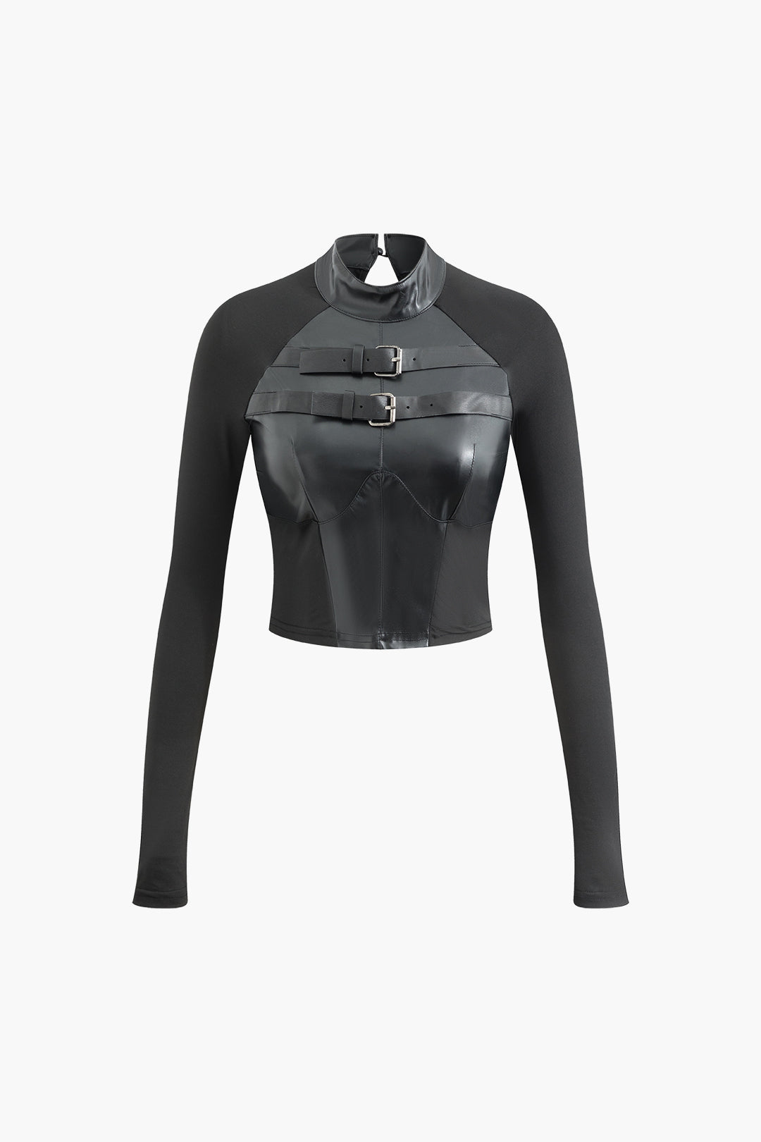 Faux Leather Buckle Long Sleeve Crop Top - Y2K Aesthetic Grunge Style Essential