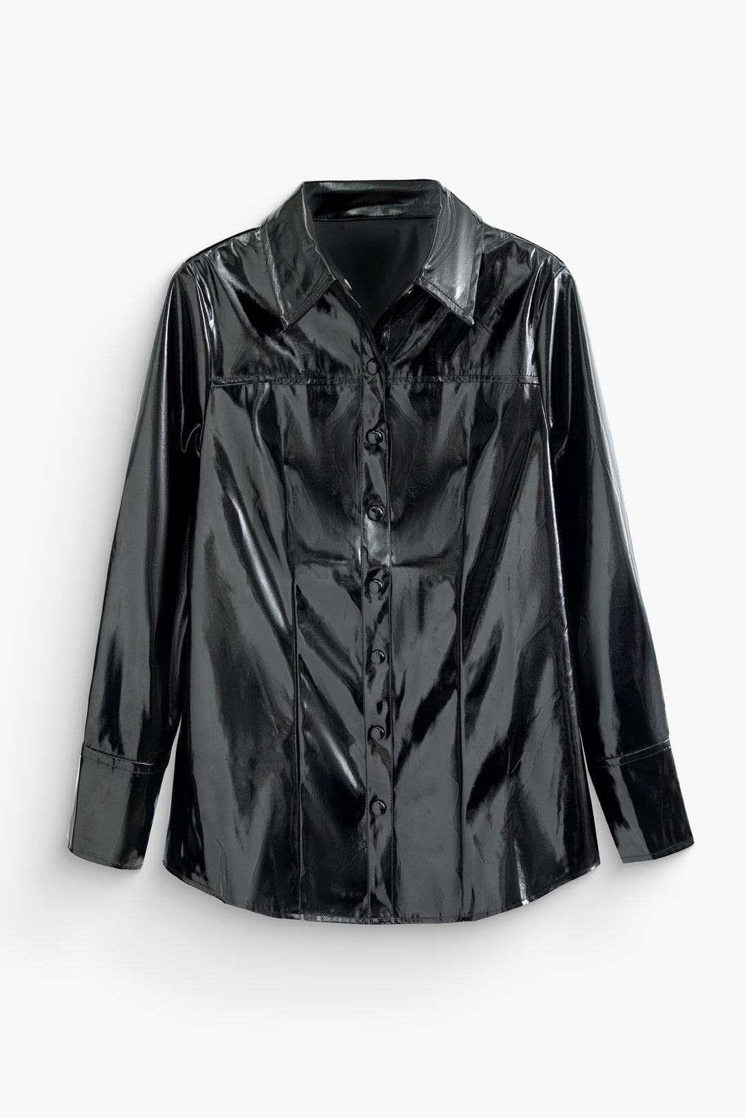 Faux Leather Button-Up Long Sleeve Shirt for Y2K Aesthetic and Grunge Style Outfits