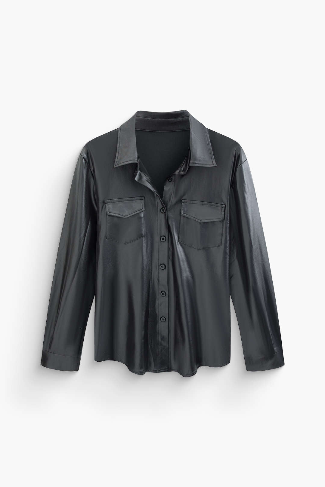 Faux Leather Button-Up Pocket Long Sleeve Shirt for Y2K Aesthetic and Grunge Style