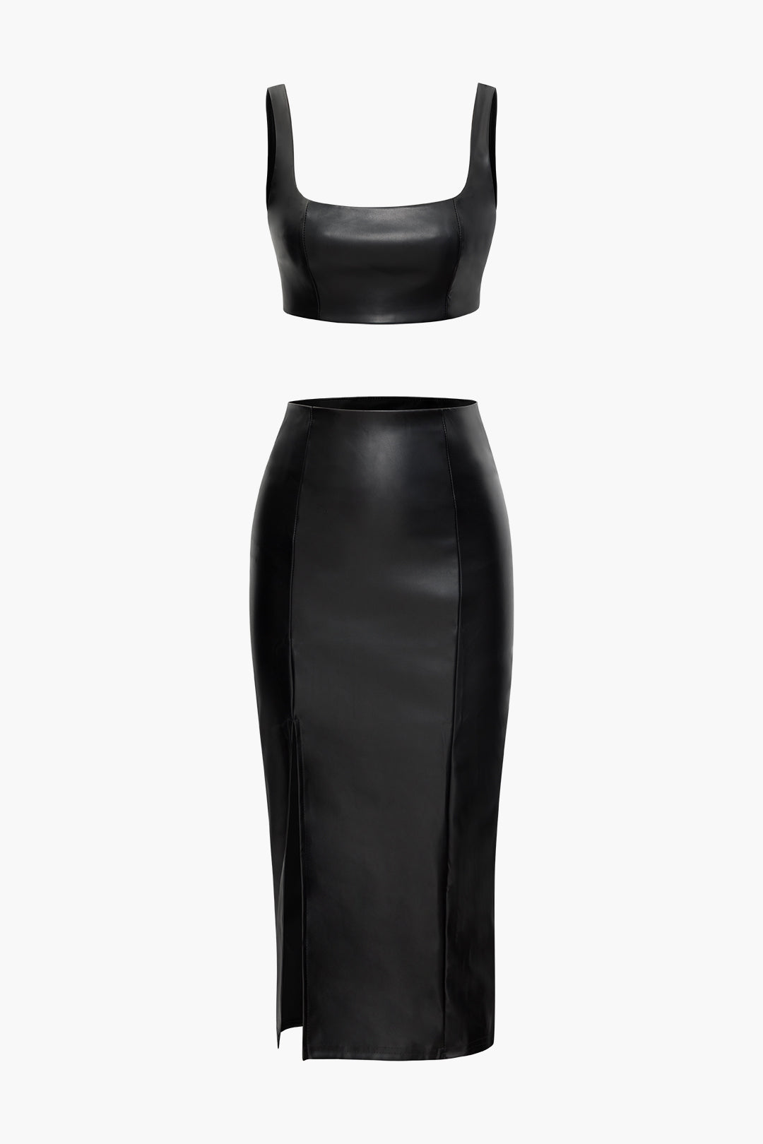 Faux Leather Cami Top & Slit Midi Skirt Set for Y2K Fashion & Coquette Aesthetic