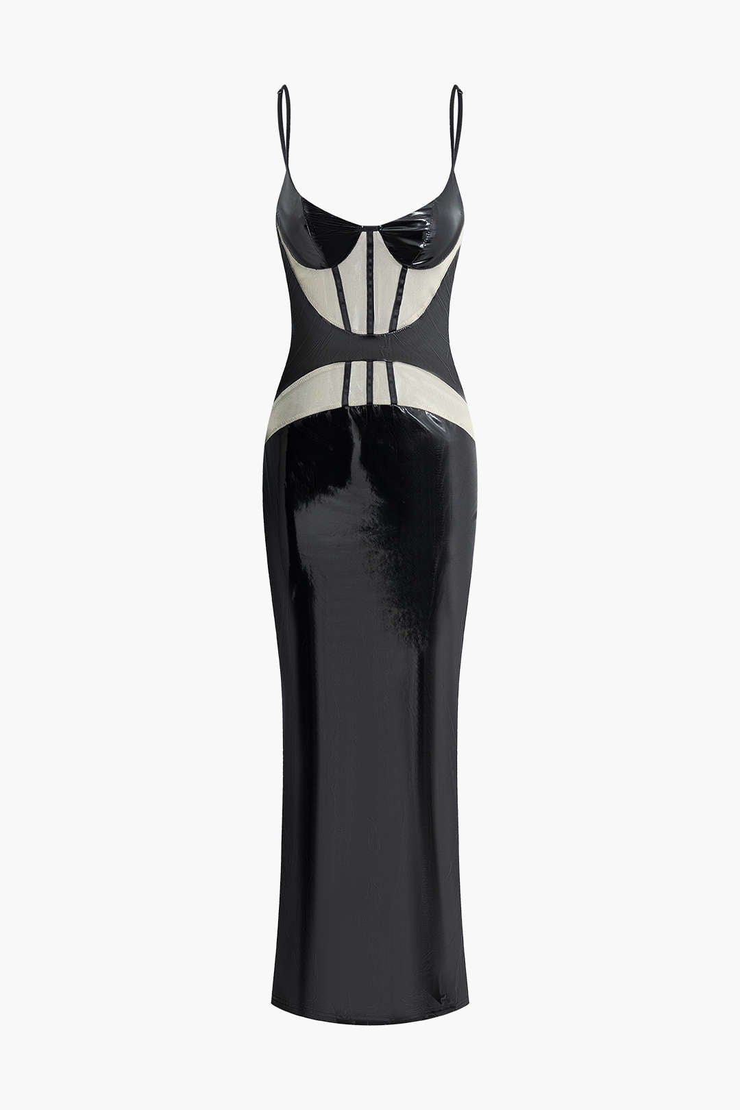 Faux Leather Corset Slit Cami Maxi Dress for Y2K Aesthetic and Grunge Style Fashion