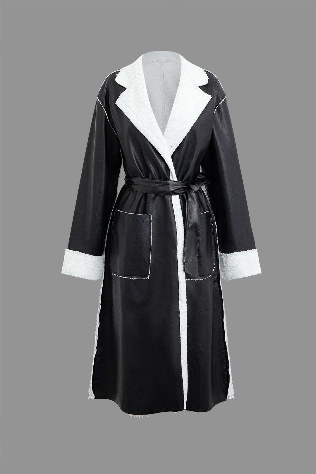 Faux Leather Fleece Notched Lapel Long Sleeve Coat for Y2K Aesthetic and Grunge Style