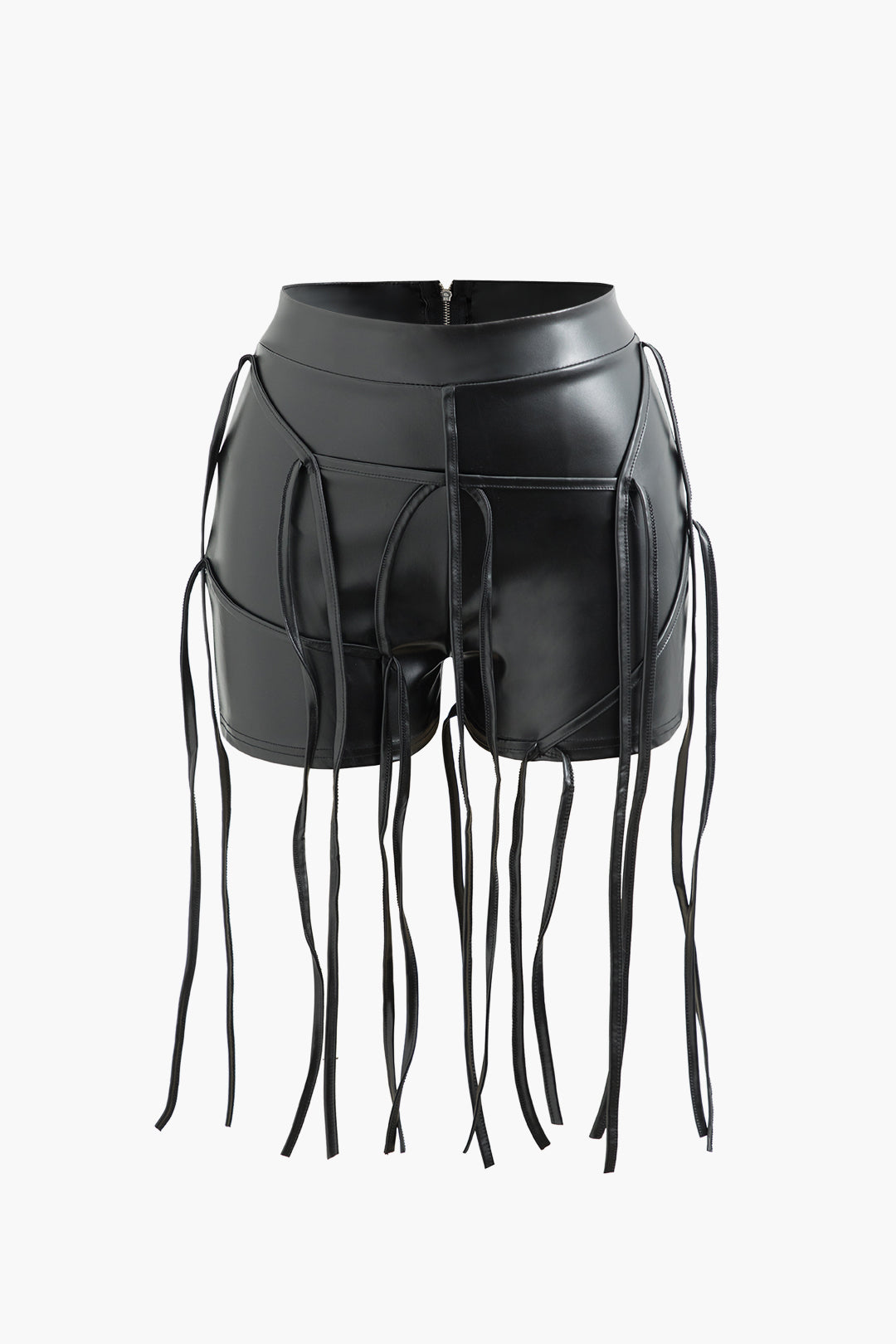 Faux Leather Fringe Detail Zip Up Shorts for Y2K Aesthetic and Grunge Style Outfits