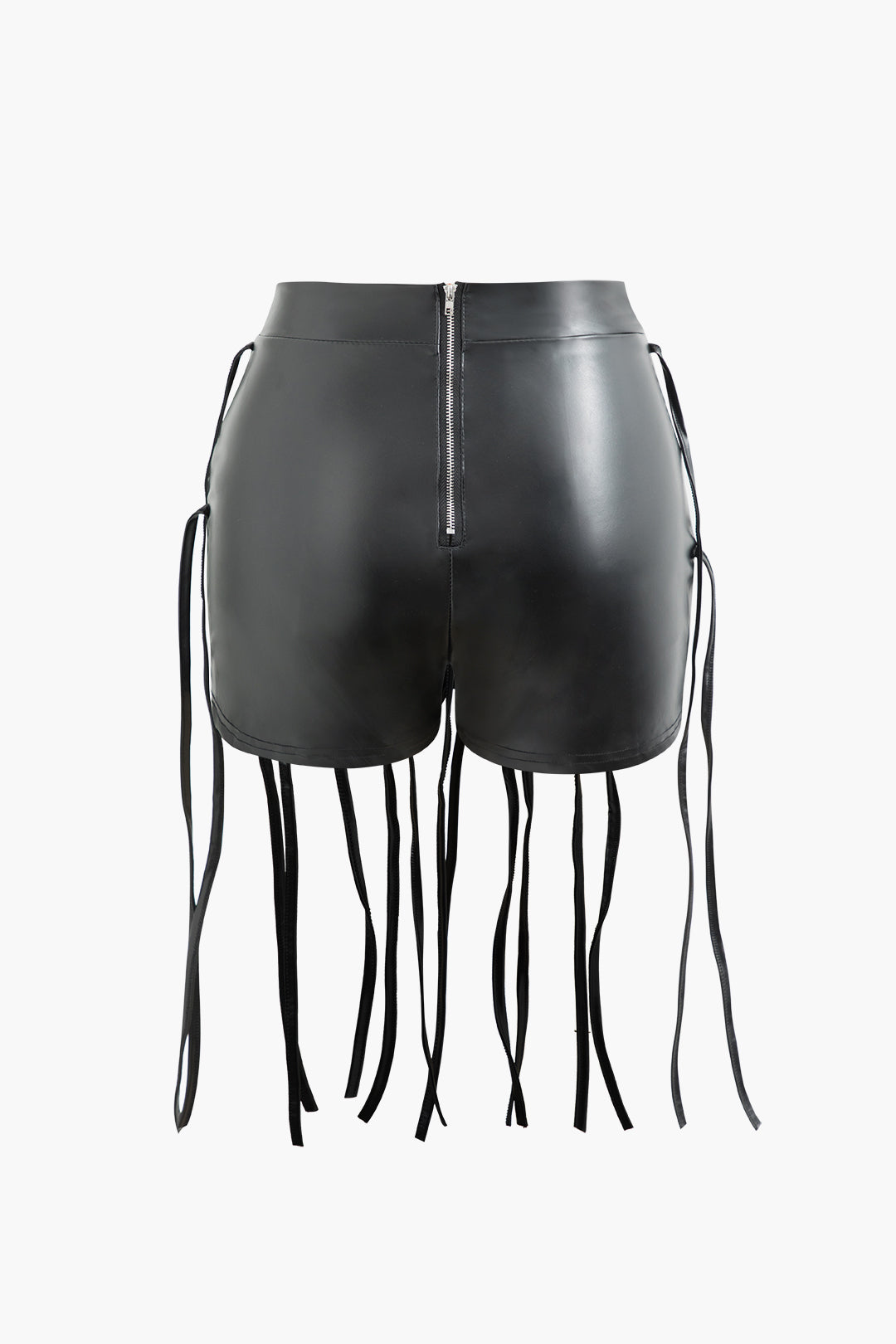 Faux Leather Fringe Detail Zip Up Shorts for Y2K Aesthetic and Grunge Style Outfits