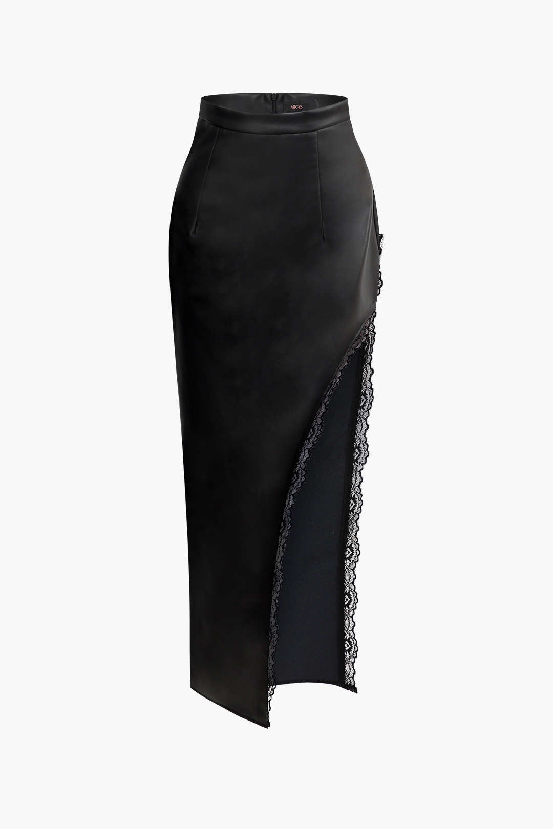 Faux Leather High Waist Lace Trim Slit Skirt for Y2K Aesthetic and Grunge Style Outfits