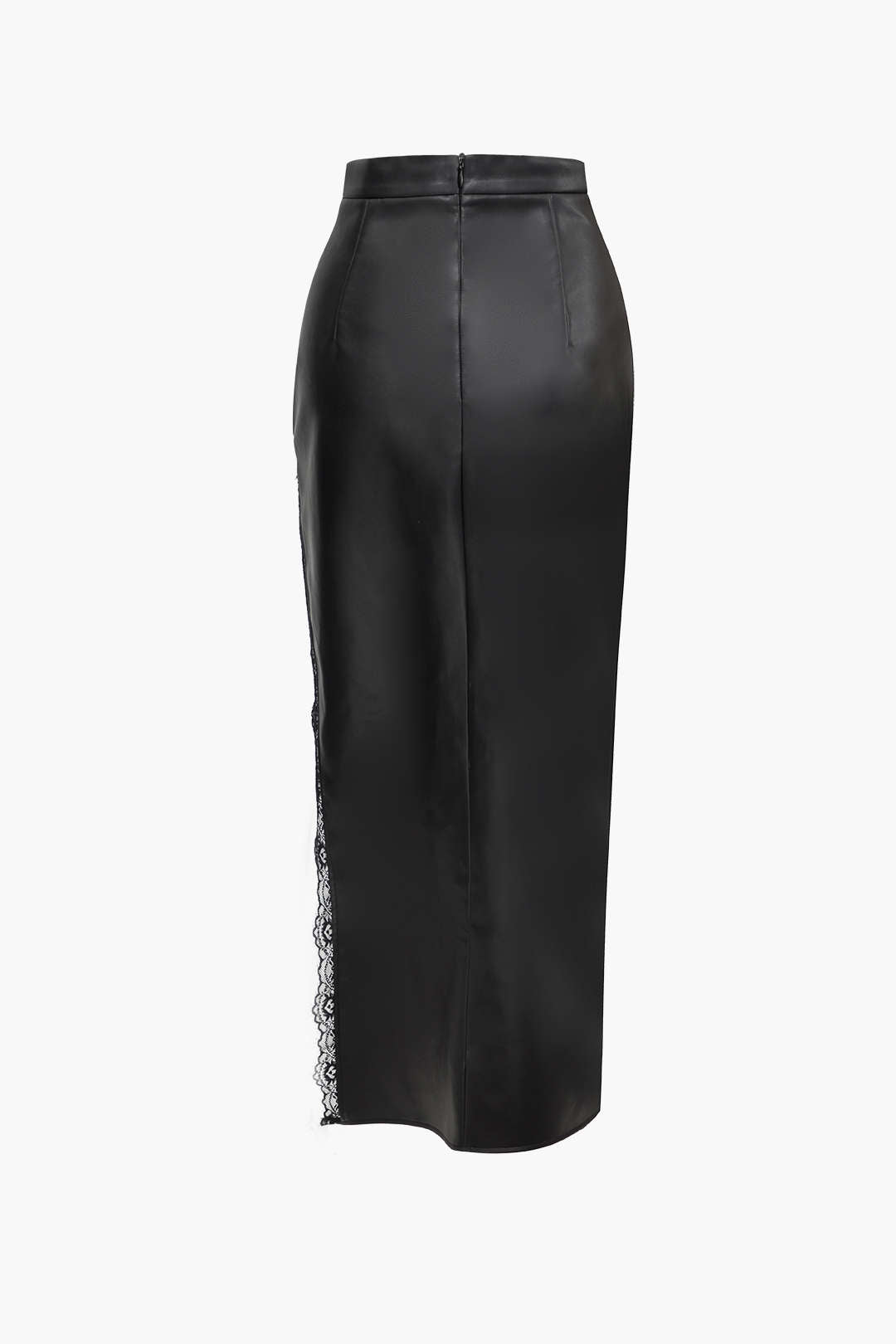 Faux Leather High Waist Lace Trim Slit Skirt for Y2K Aesthetic and Grunge Style Outfits