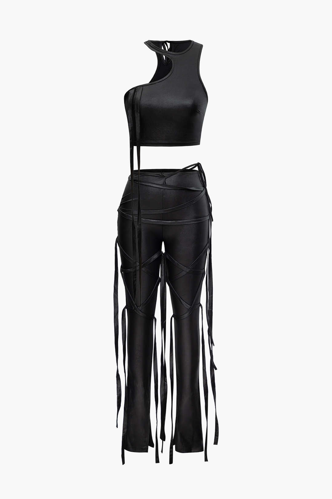 Faux Leather One Shoulder Tank Top with Fringe Skinny Pants Set for Y2K Aesthetic Outfits