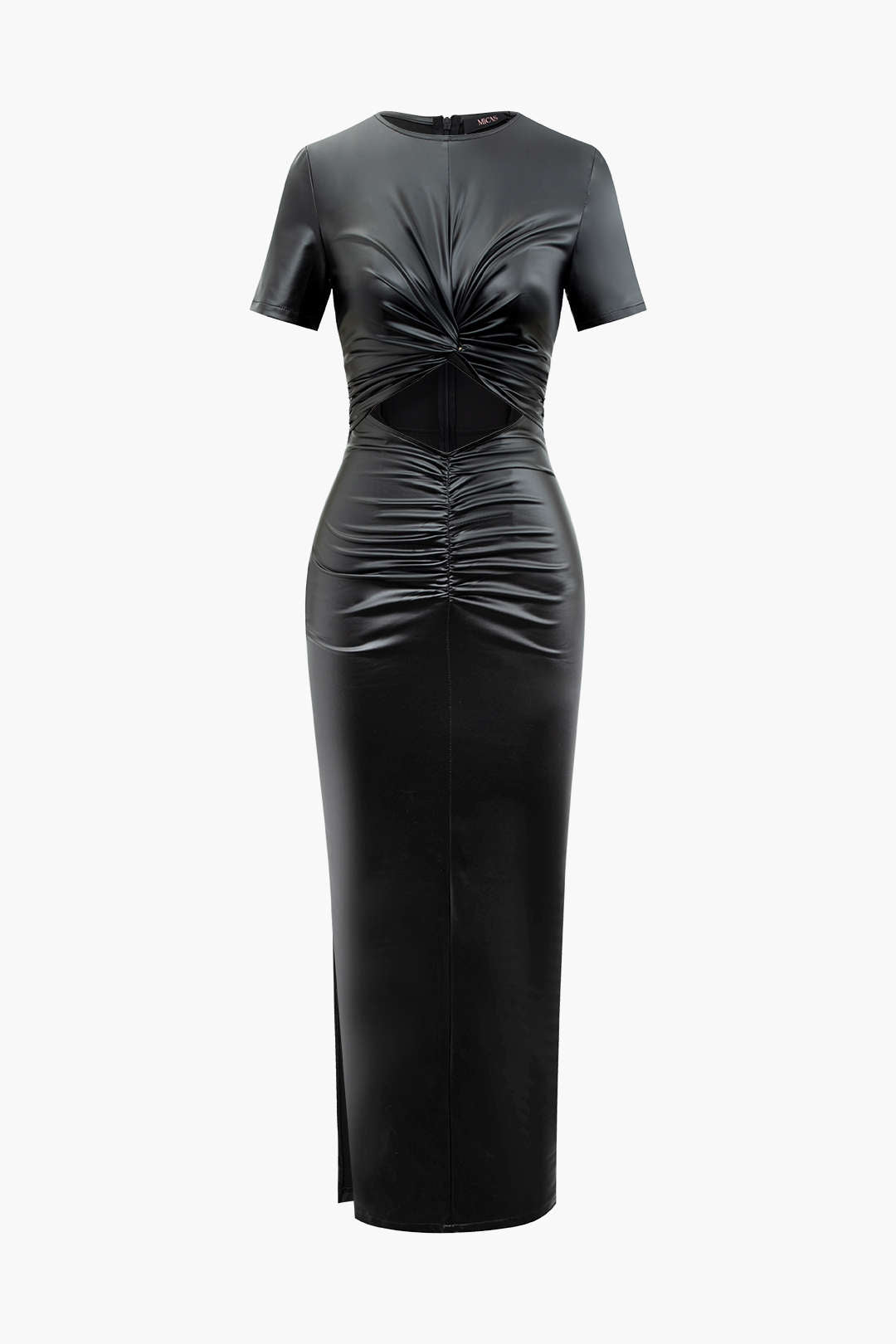 Faux Leather Ruched Midi Dress with Twist Cut Out - Y2K Aesthetic Fashion Statement