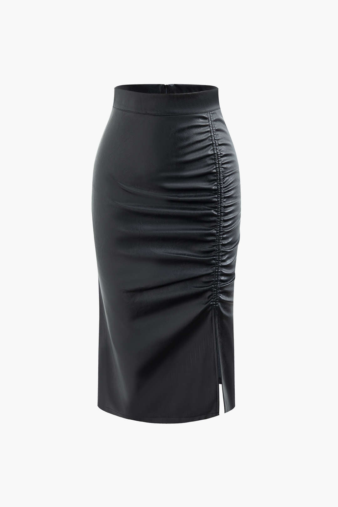 Faux Leather Ruched Split Midi Skirt for Y2K Aesthetic and Grunge Style Outfits