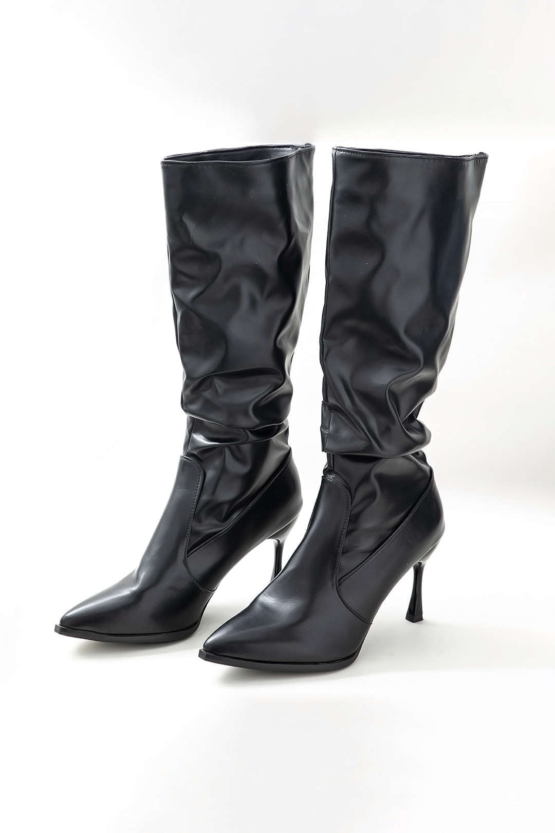 Faux Leather Ruched Stiletto Knee-High Boots for Y2K Fashion and Coquette Aesthetic