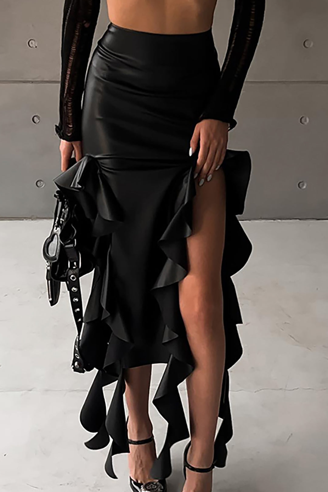 Faux Leather Ruffle Slit Midi Skirt for Y2K Aesthetic and Grunge Style Outfits