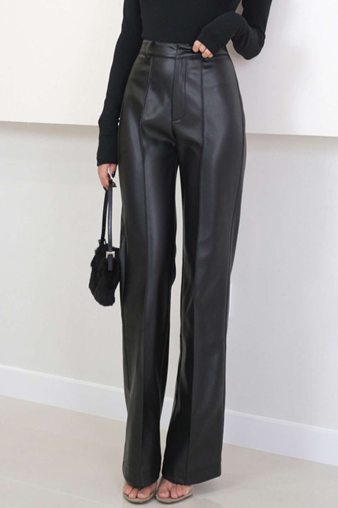 Faux Leather Stitching Detail Straight Leg Pants for Y2K Aesthetic and Grunge Style