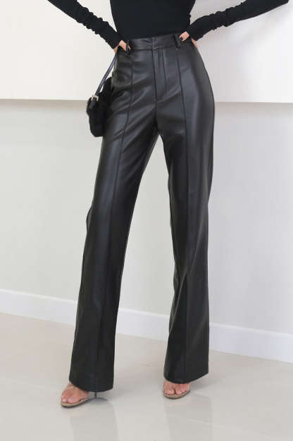 Faux Leather Stitching Detail Straight Leg Pants for Y2K Aesthetic and Grunge Style