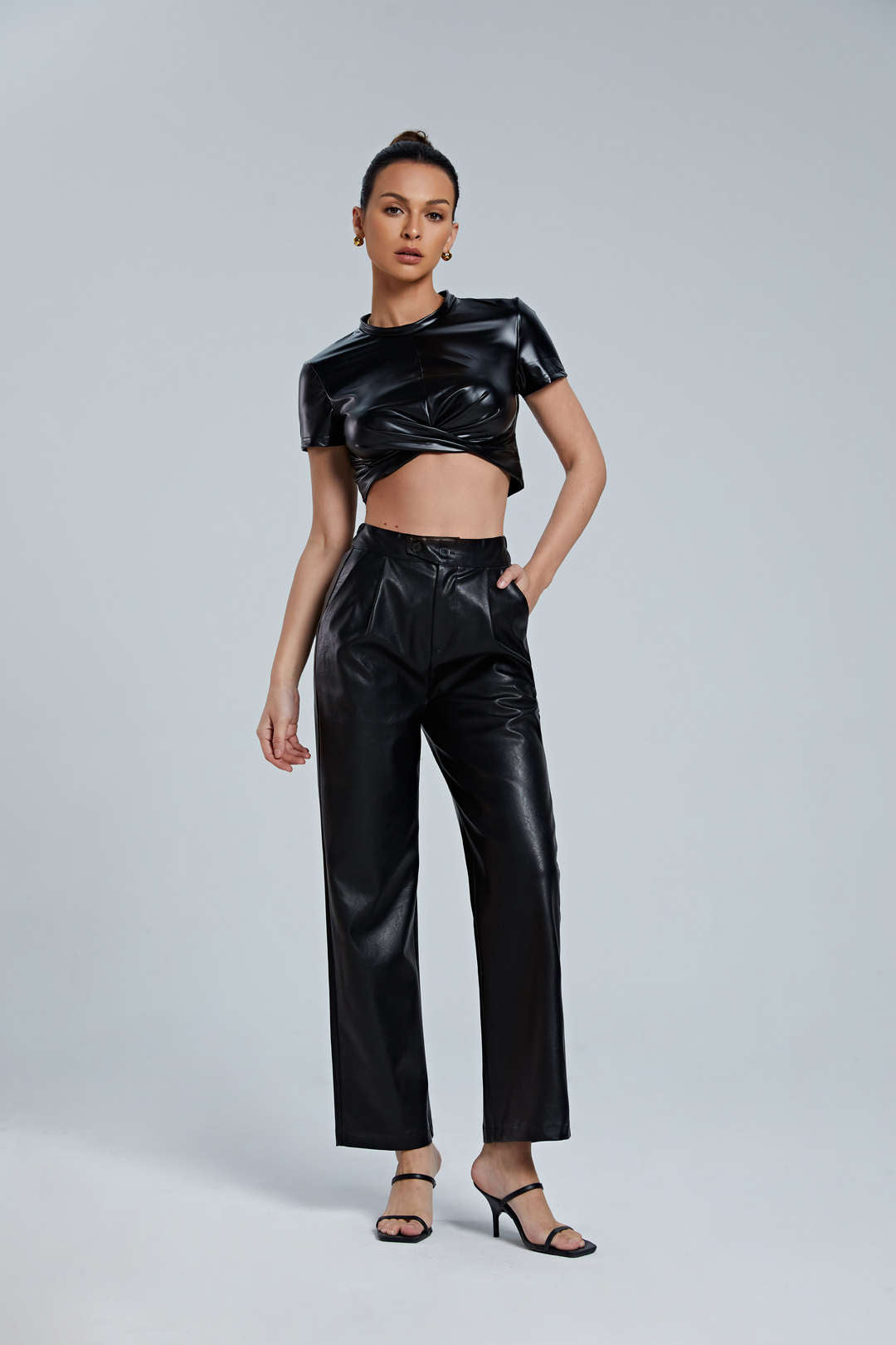 Faux Leather Straight Leg Pants with Elastic Waistband for Y2K and Grunge Aesthetic