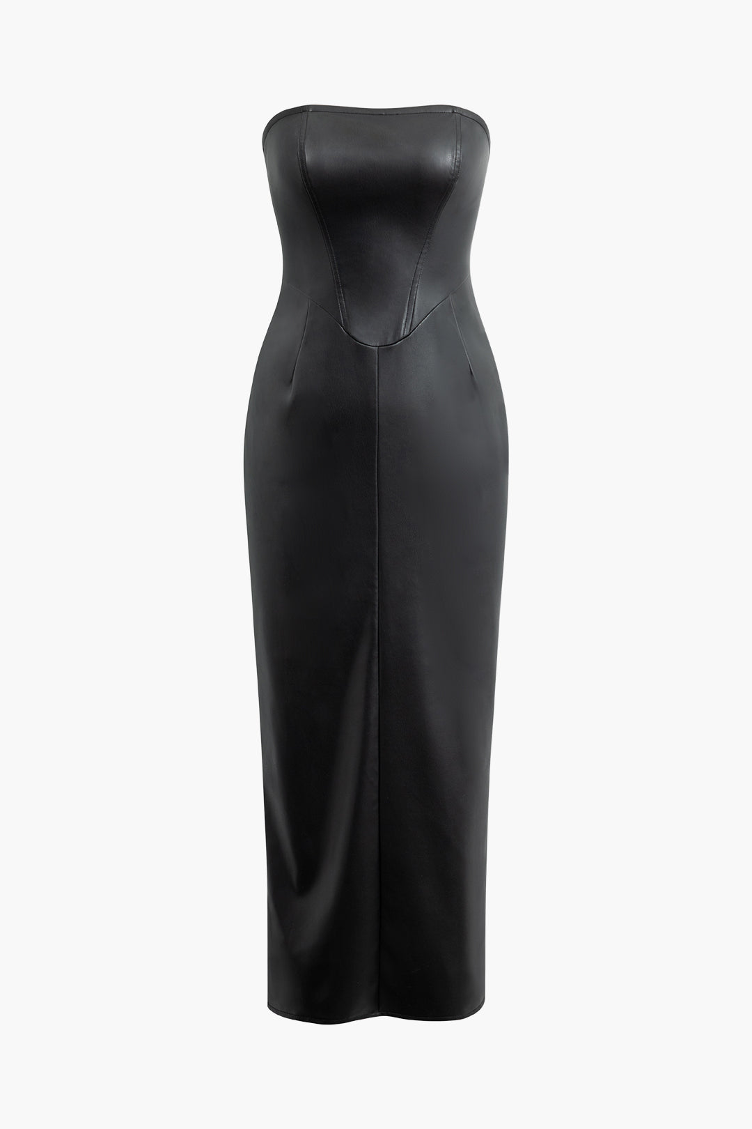 Faux Leather Strapless Midi Dress with Zip Up and Slit - Y2K Aesthetic Fashion Statement