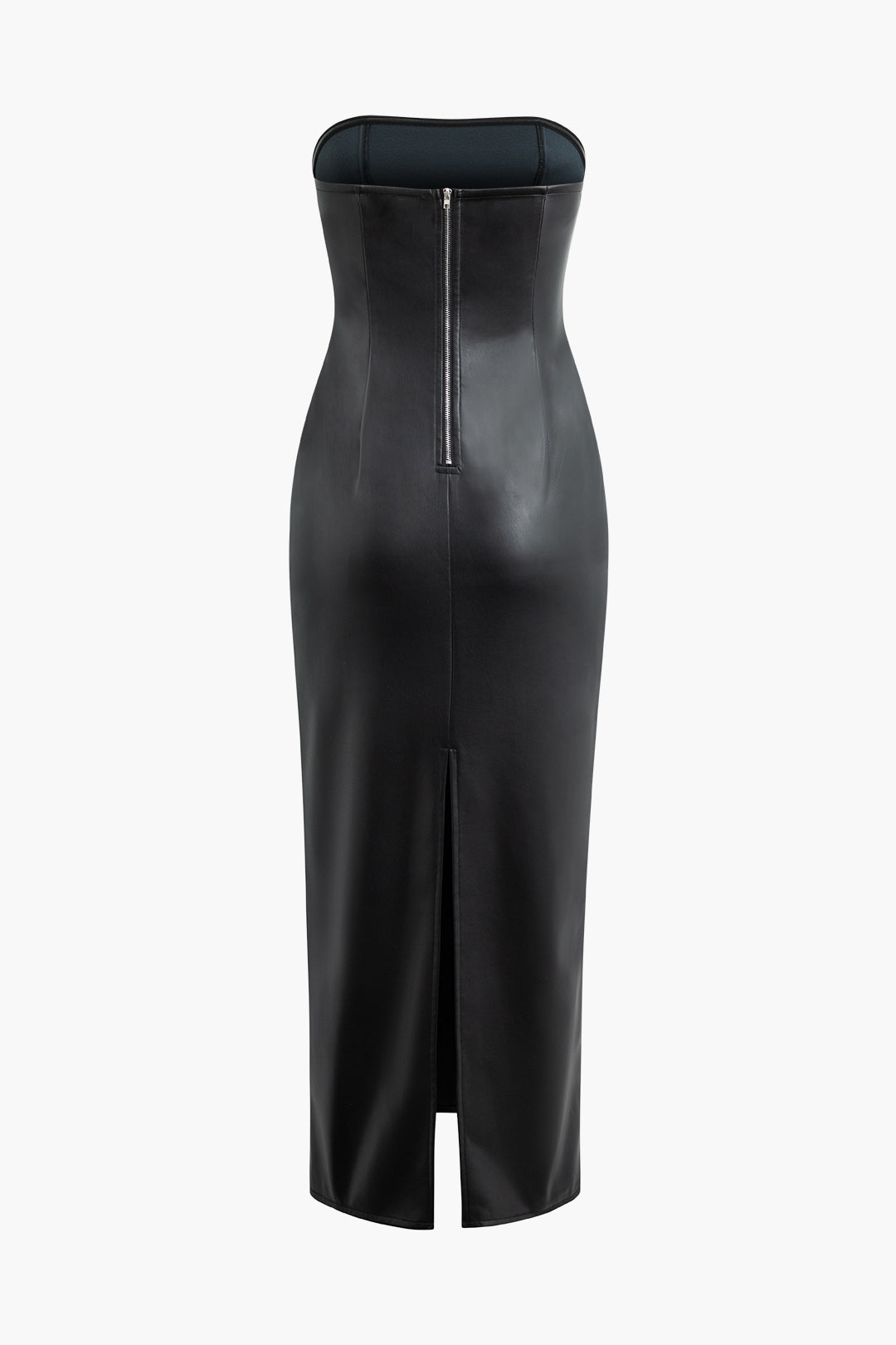 Faux Leather Strapless Midi Dress with Zip Up and Slit - Y2K Aesthetic Fashion Statement