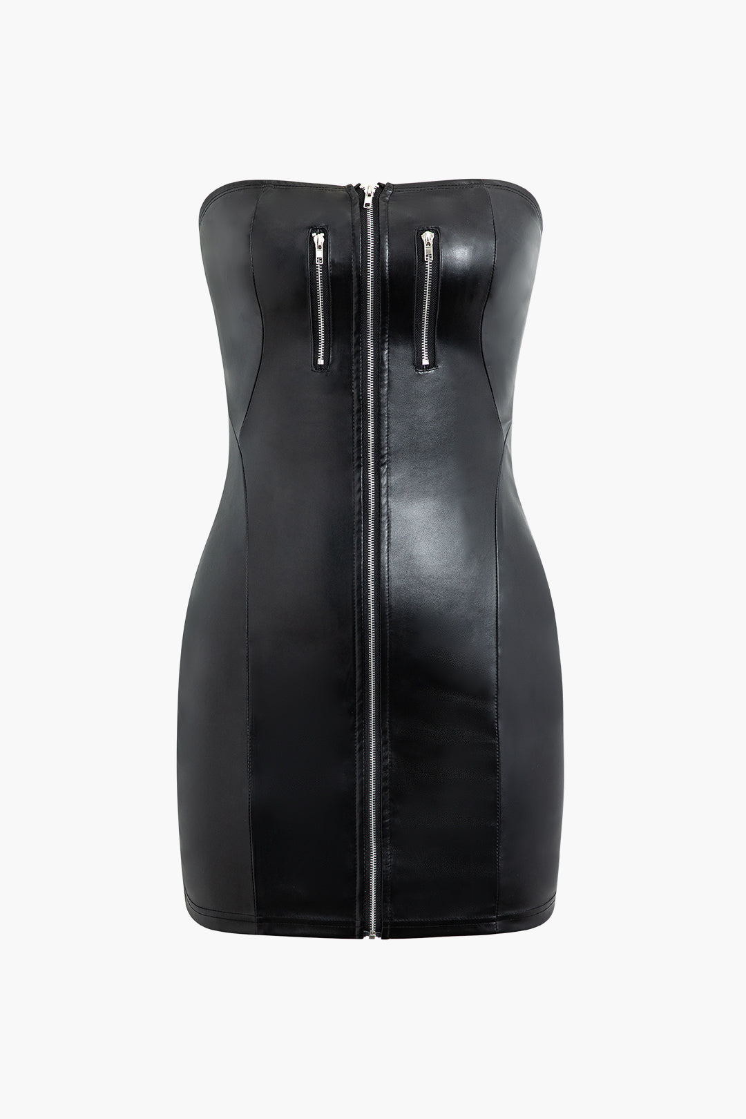 Faux Leather Strapless Mini Dress with Zip Up Detail - Y2K Grunge Aesthetic Fashion