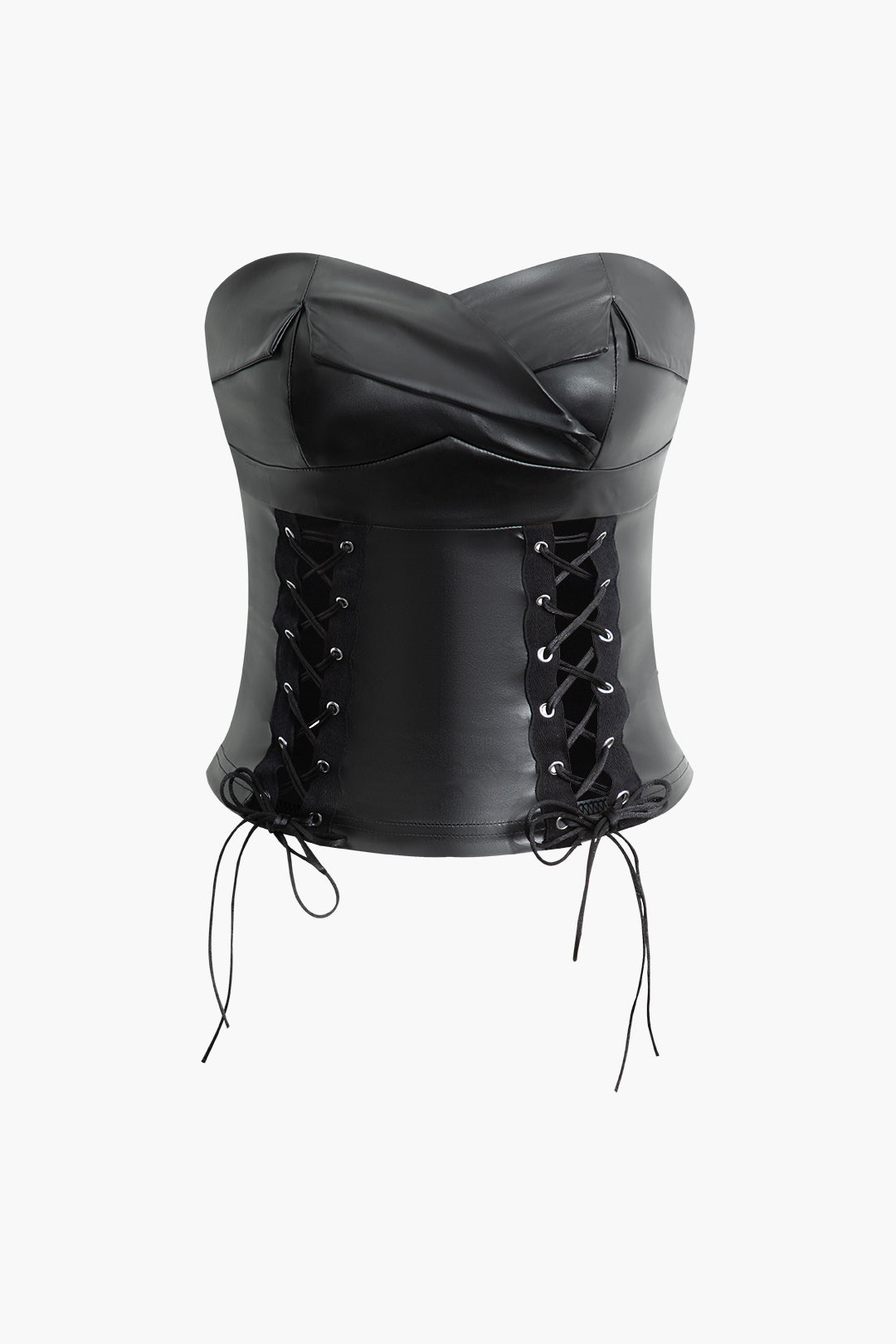 Faux Leather Strapless Top with Lace-Up Detail for Y2K and Grunge Aesthetic Outfits