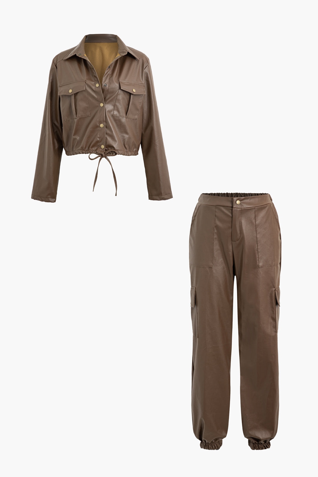 Faux Leather Tie Button-Up Flap Pocket Jacket & Elastic Pants Set for Y2K Aesthetic Style