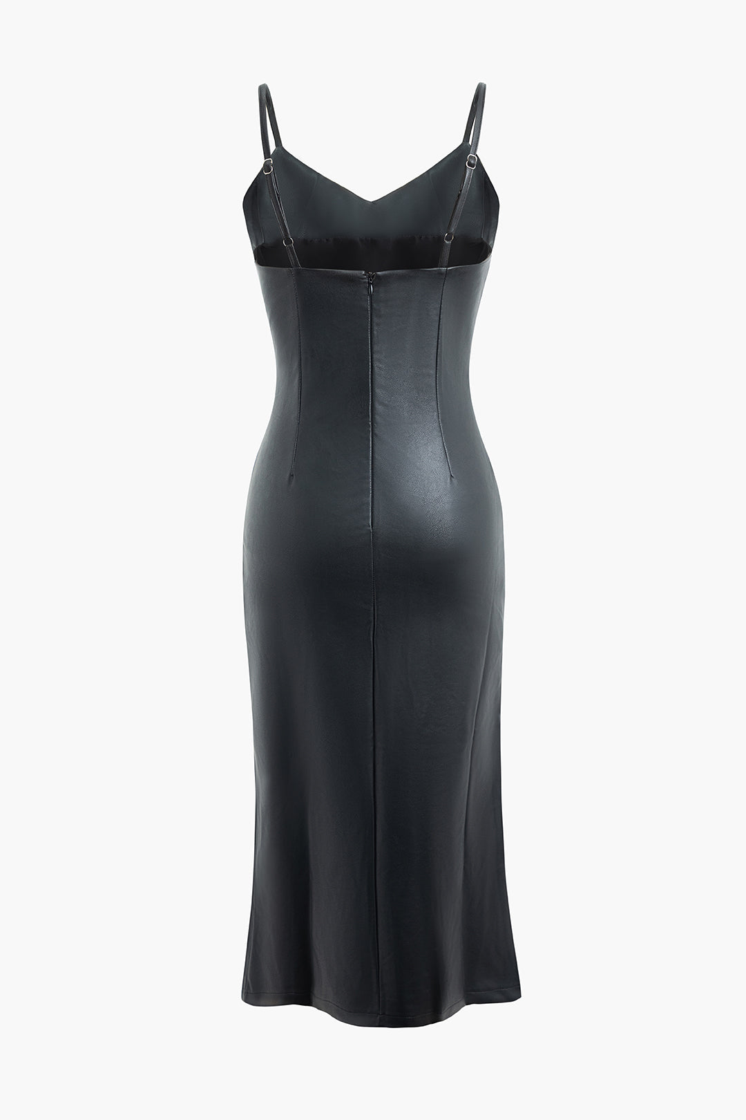 Faux Leather V-Neck Ruched Slit Cami Maxi Dress for Y2K Aesthetic and Coquette Style