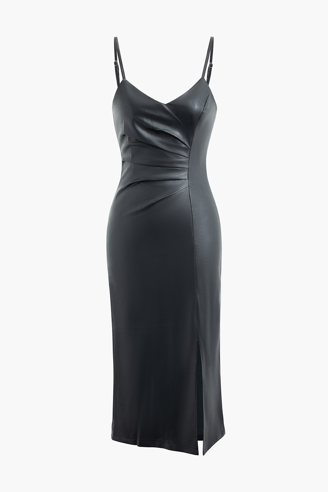 Faux Leather V-Neck Ruched Slit Cami Maxi Dress for Y2K Aesthetic and Coquette Style