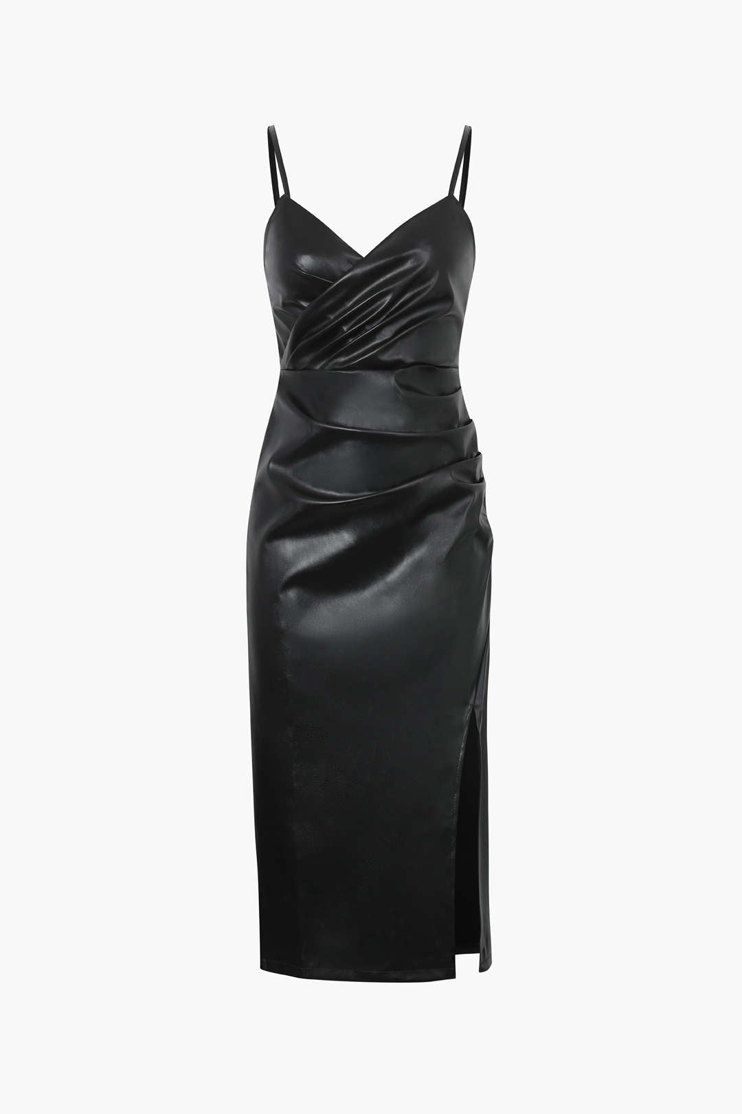 Faux Leather V-Neck Ruched Slit Midi Dress - Y2K Aesthetic Fashion for Chic Outfits