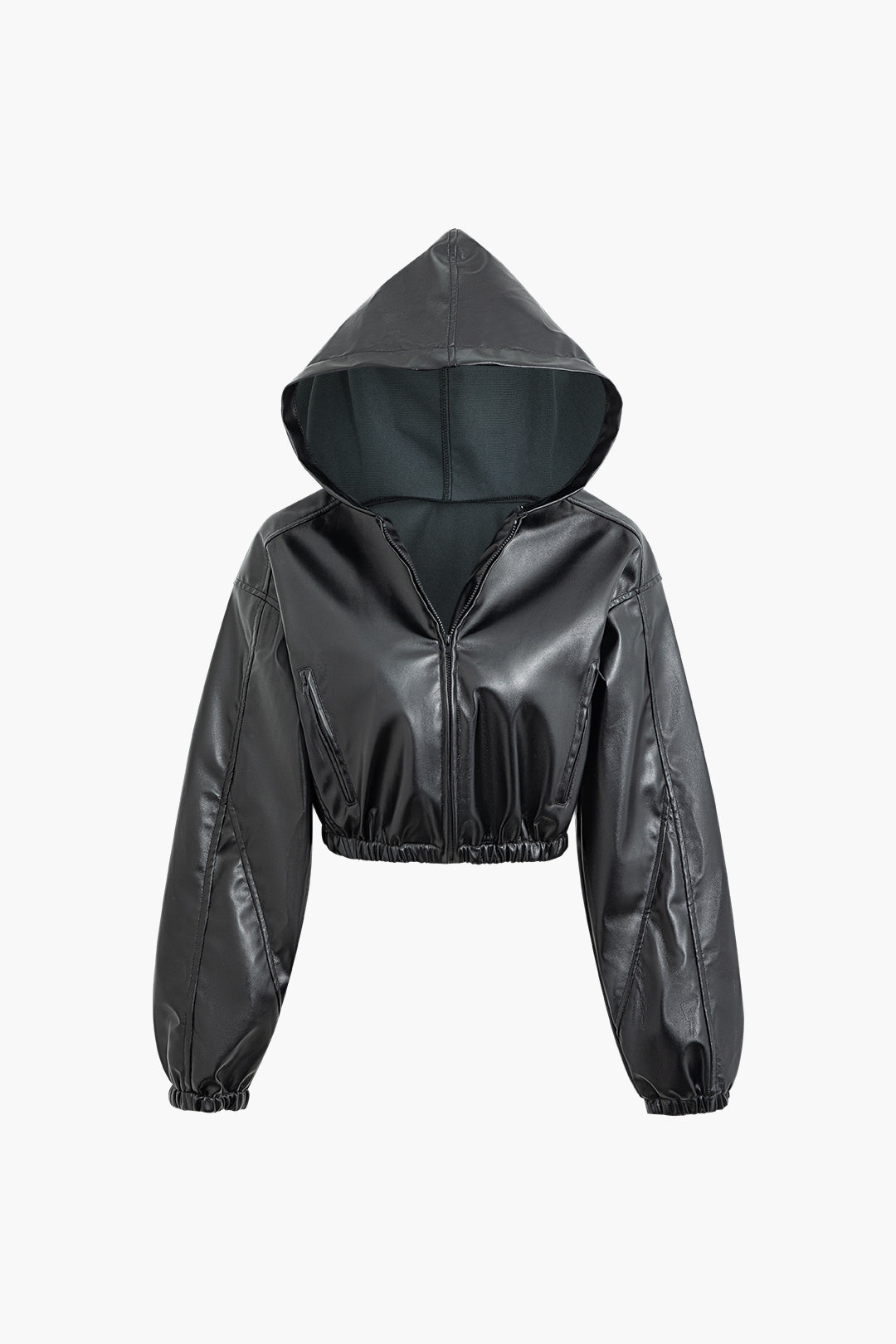 Faux Leather Y2K Style Zip-Up Hooded Jacket for Edgy Grunge Aesthetic Outfits