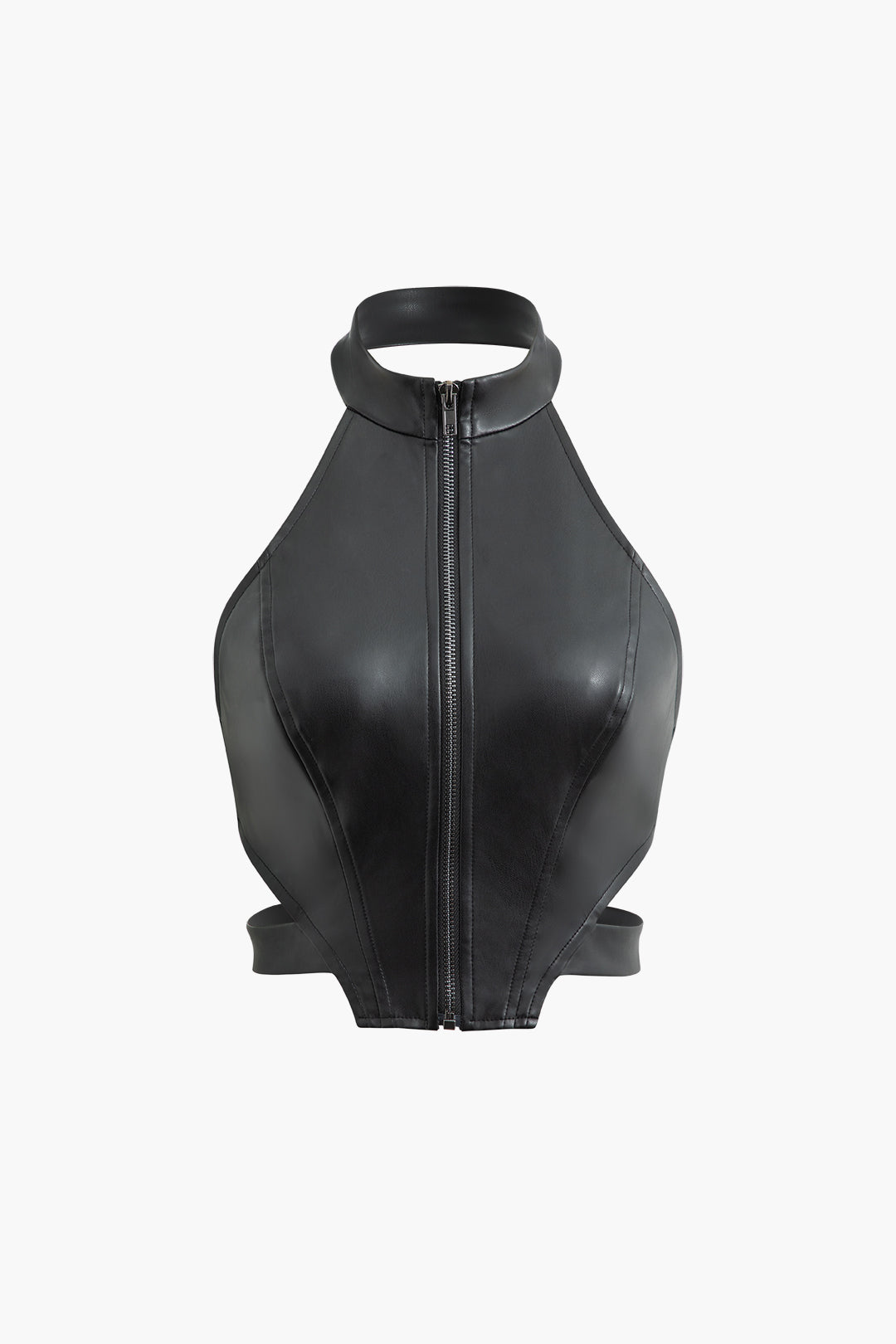 Faux Leather Y2K Zip Up Halter Top for Edgy Grunge Aesthetic Outfits