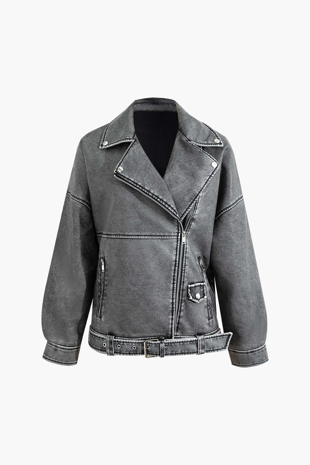 Faux Leather Zipper Belted Jacket with Notched Lapel for Y2K Grunge Aesthetic Style