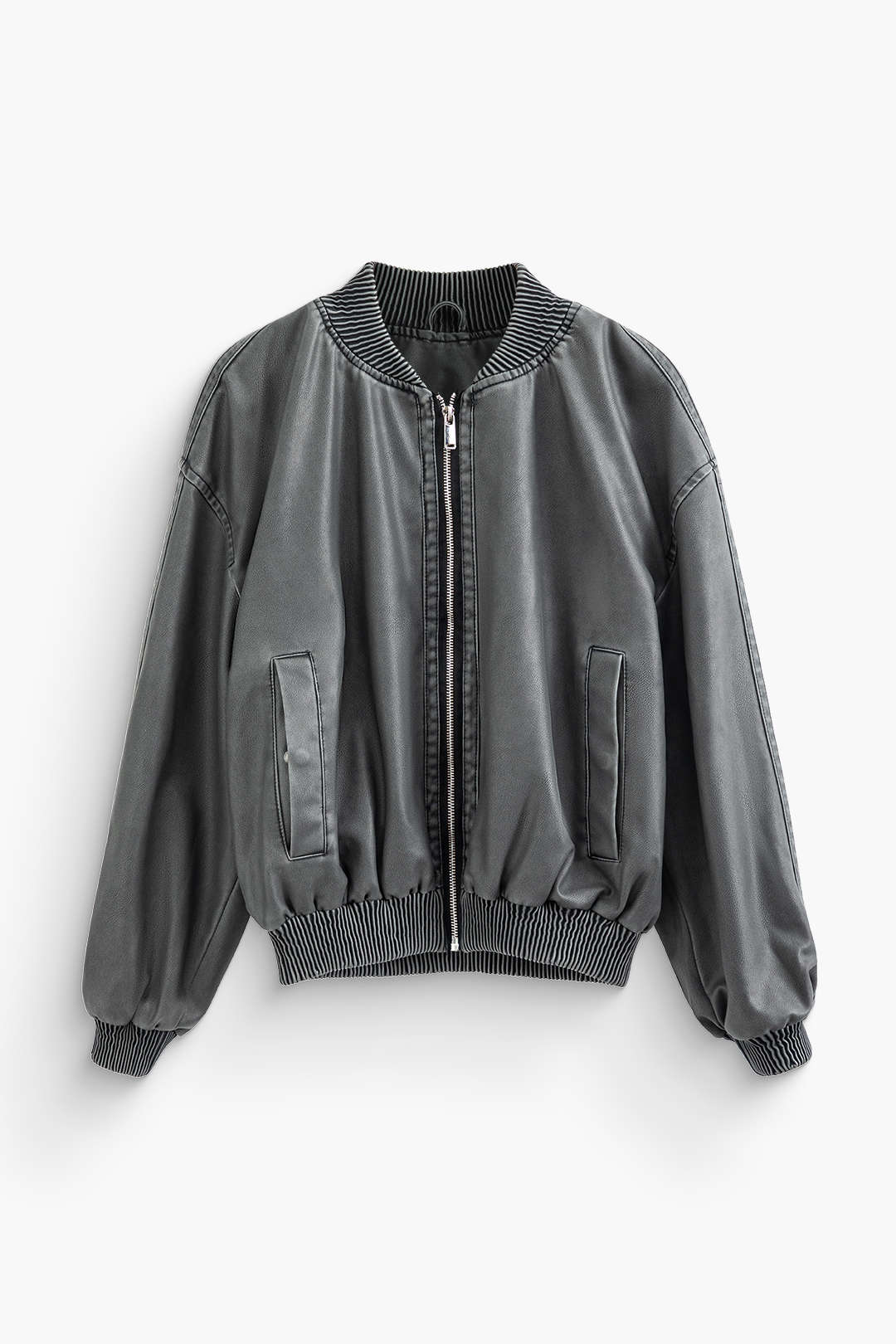 Faux Leather Zipper Pocket Bomber Jacket - Y2K Aesthetic Outerwear for Trendy Looks