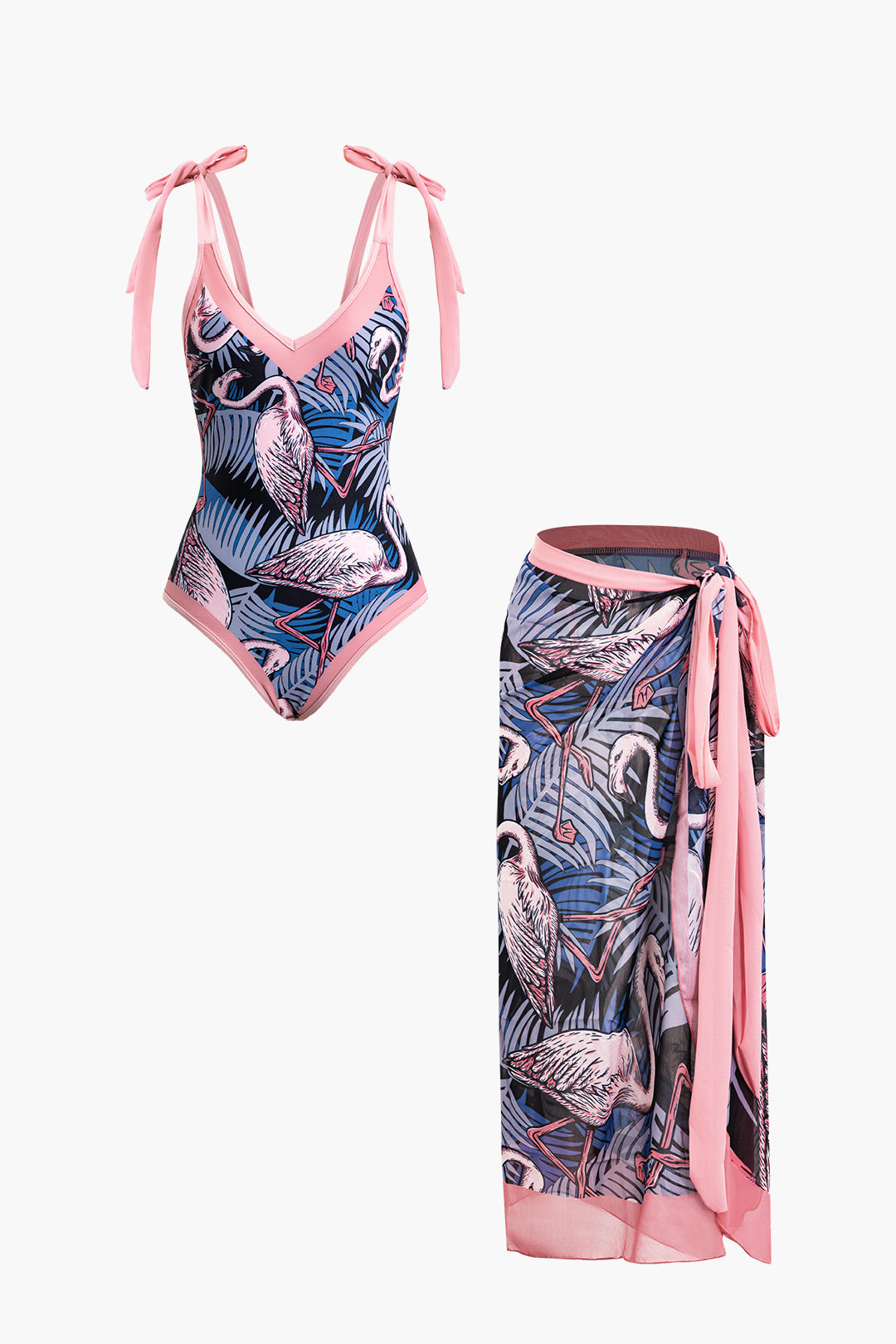 Flamingo Print Y2K Tie Swimsuit with Matching Knot Sarong Skirt Set for Trendy Aesthetic