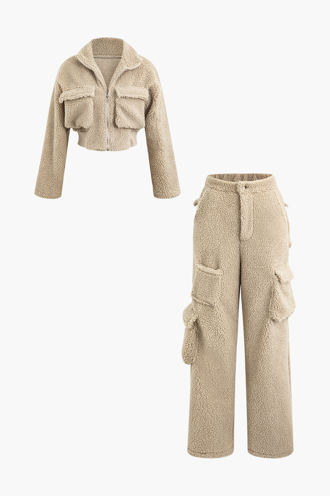 Fleece Collar Zip-Up Long Sleeve Top & Straight Leg Cargo Pants Set for Y2K Aesthetic Outfits