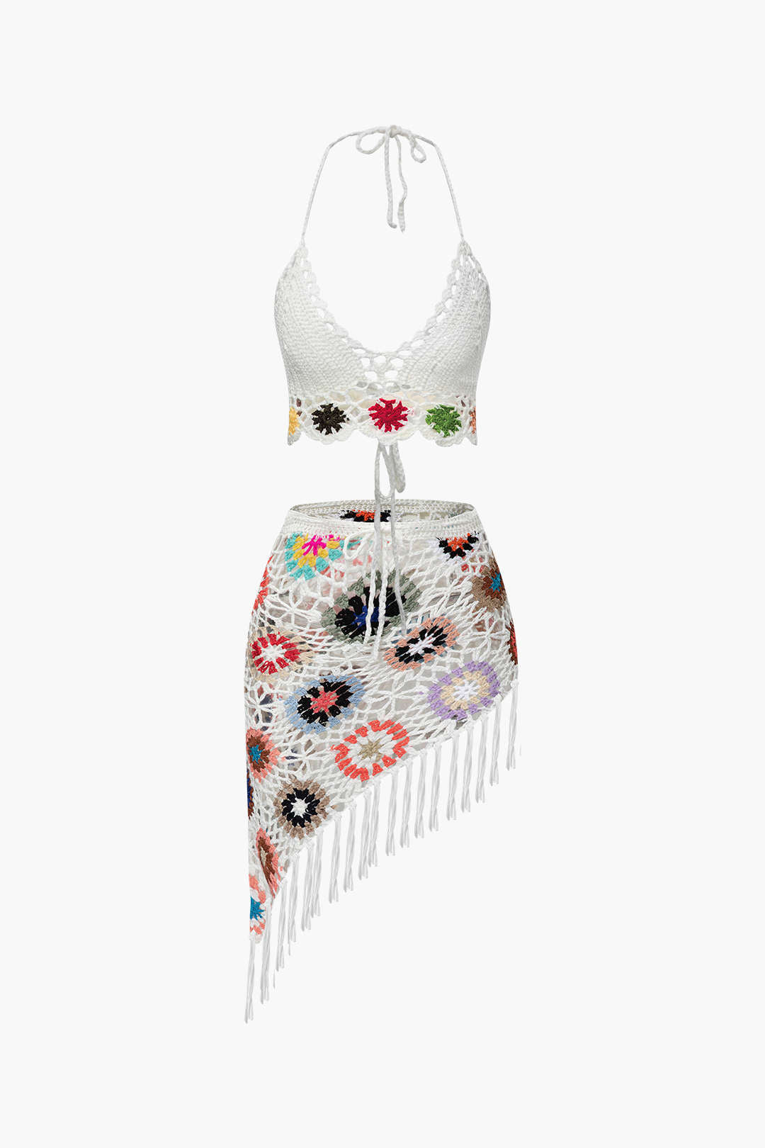 Floral Crochet Halter Cami Top with Asymmetrical Tassel Skirt Set for Y2K Aesthetic Outfits