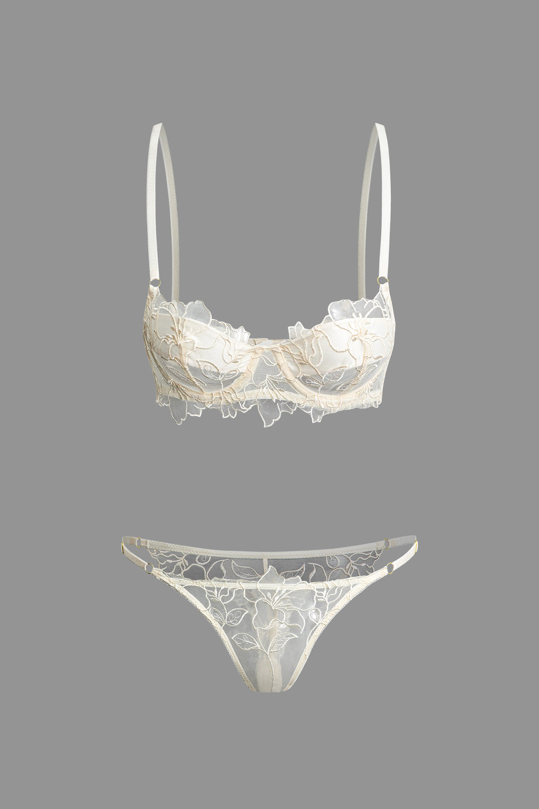 Floral Embroidery Sheer Mesh Bra and Thong Set - Y2K Aesthetic Lingerie for Coquette Style