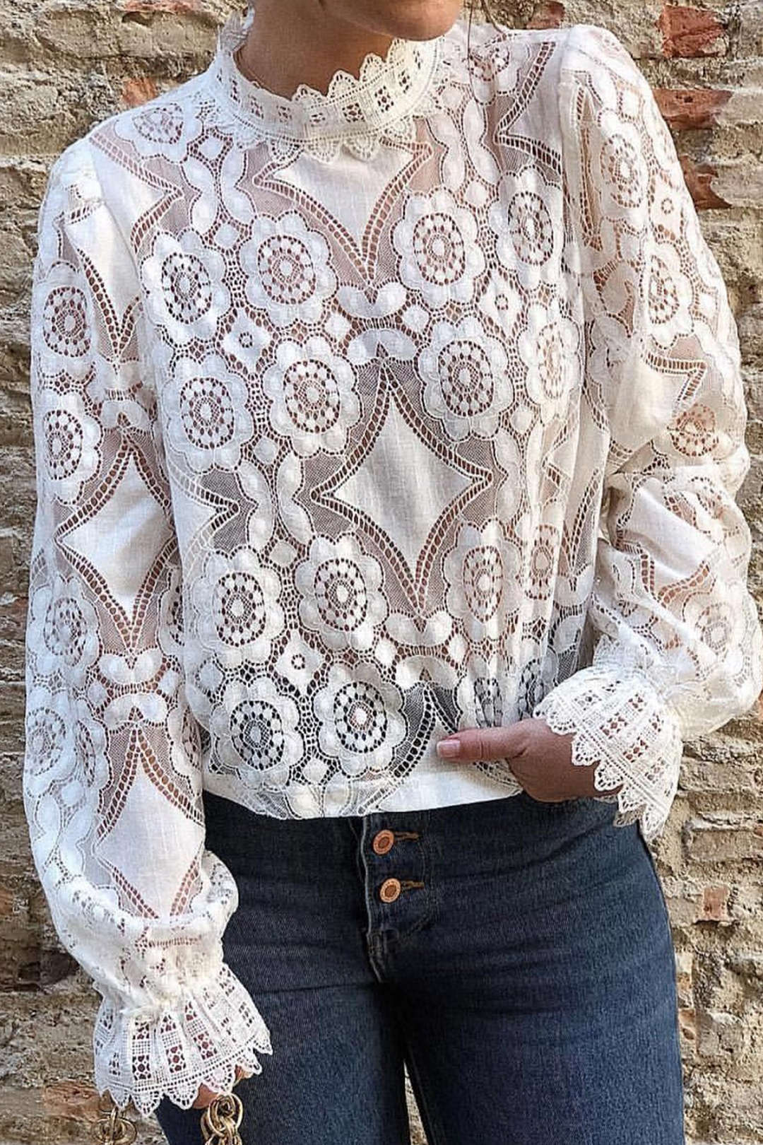 Floral Lace Embroidery Mock Neck Blouse with Lantern Sleeves for Y2K Aesthetic Outfits