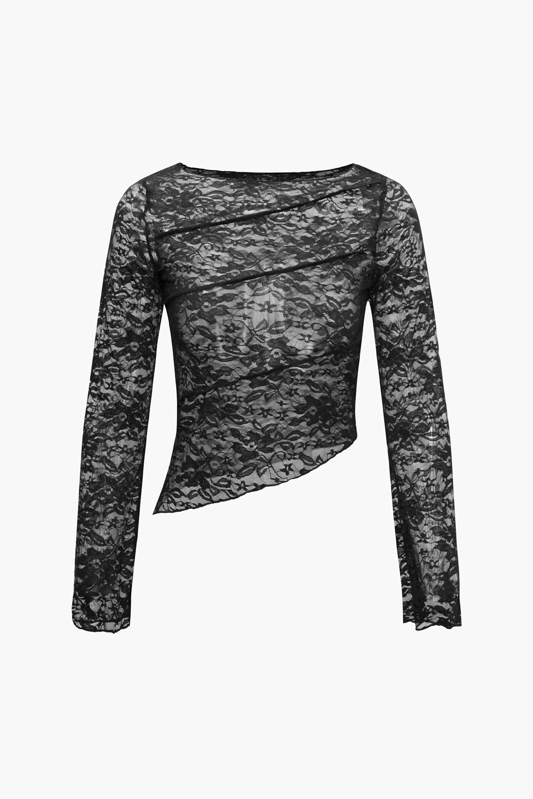 Floral Lace Sheer Asymmetric Long Sleeve Top - Y2K Aesthetic Cute Top for Stylish Outfits