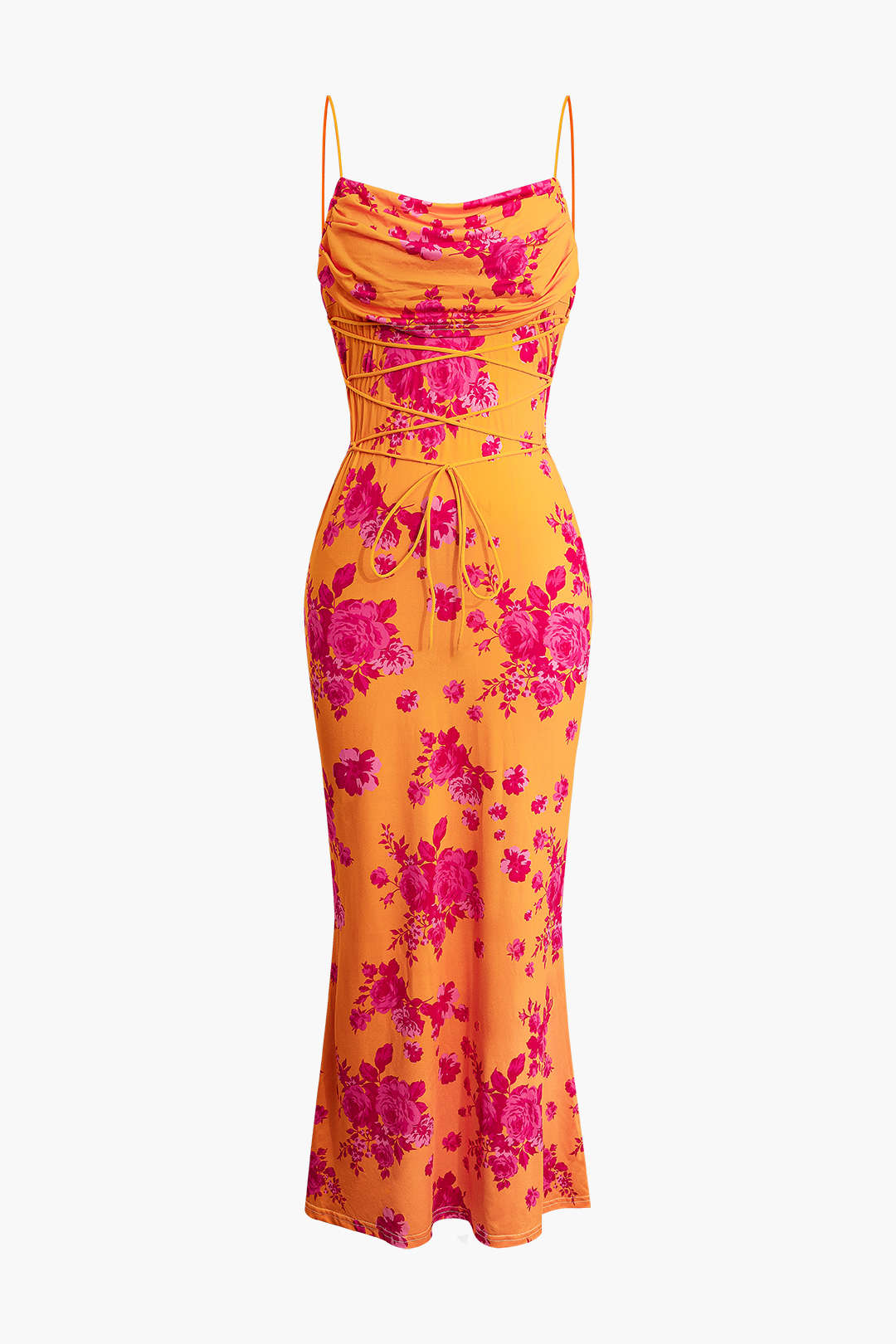 Floral Print Cowl Neck Tie Maxi Dress - Y2K Aesthetic Slip Dress for Effortless Style