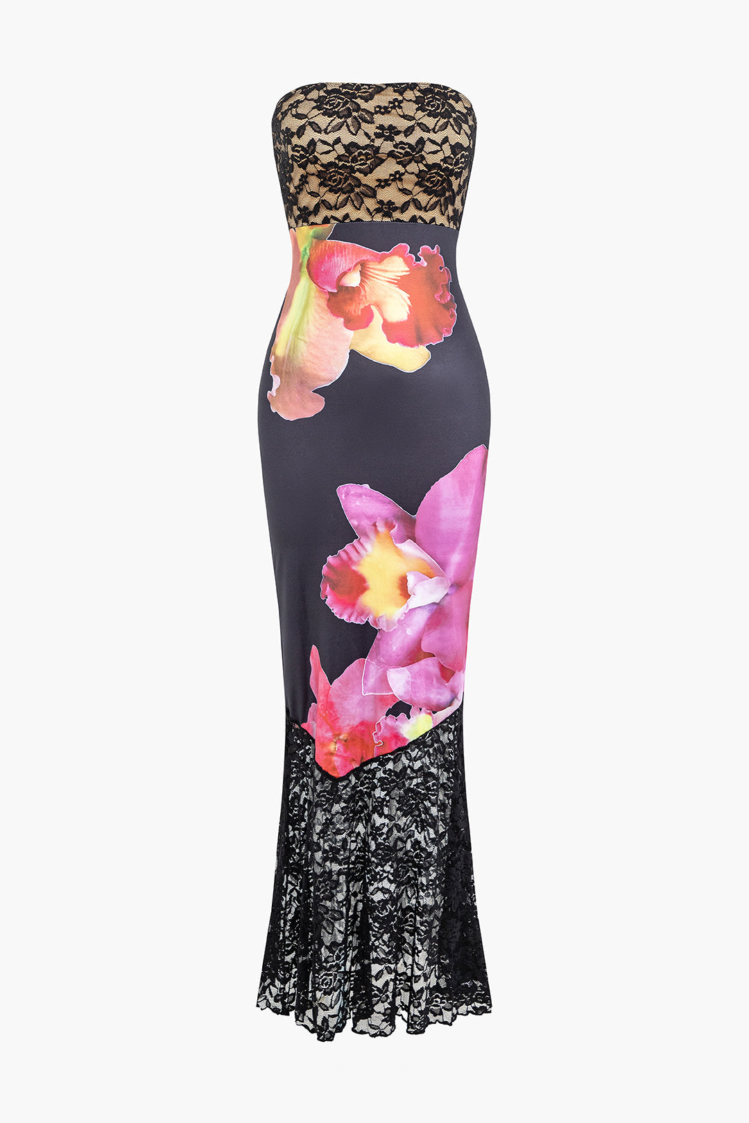 Floral Print Lace Patchwork Strapless Maxi Dress for Y2K Aesthetic and Coquette Style