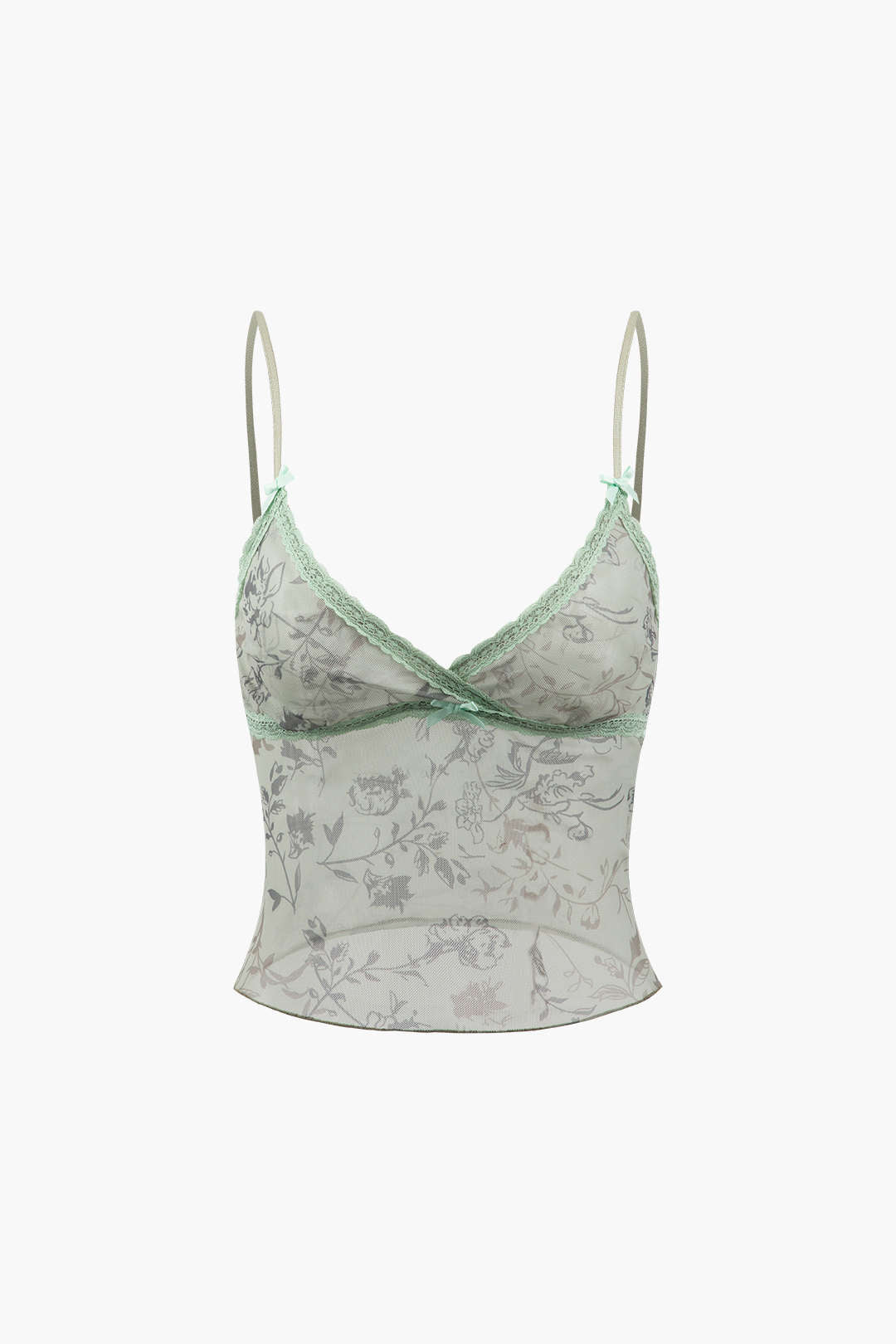 Floral Print Lace Trim Mesh V-neck Cami Top for Y2K Aesthetic and Coquette Style