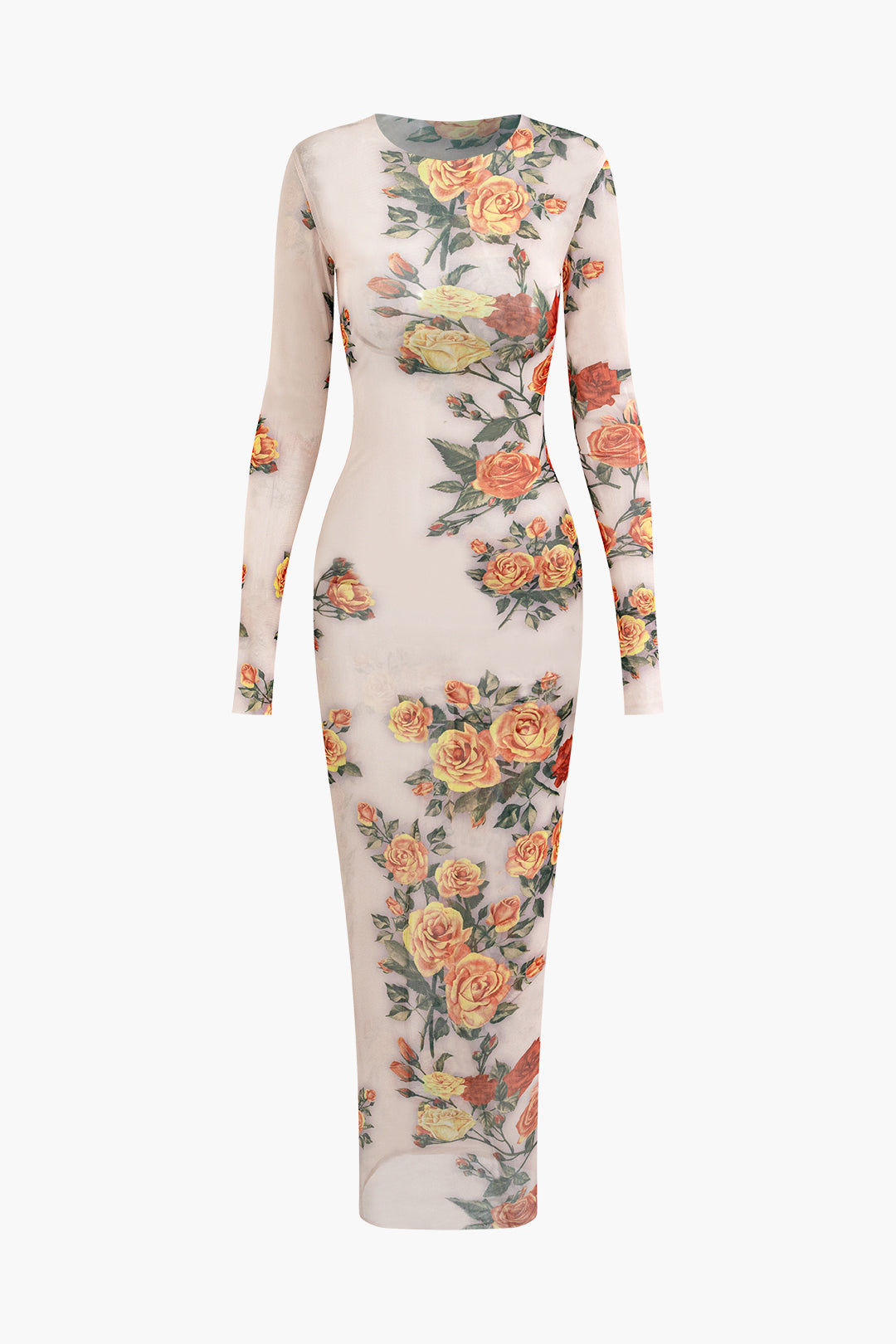 Floral Print Mesh Long Sleeve Y2K Maxi Dress for Coquette and Grunge Aesthetic Styles