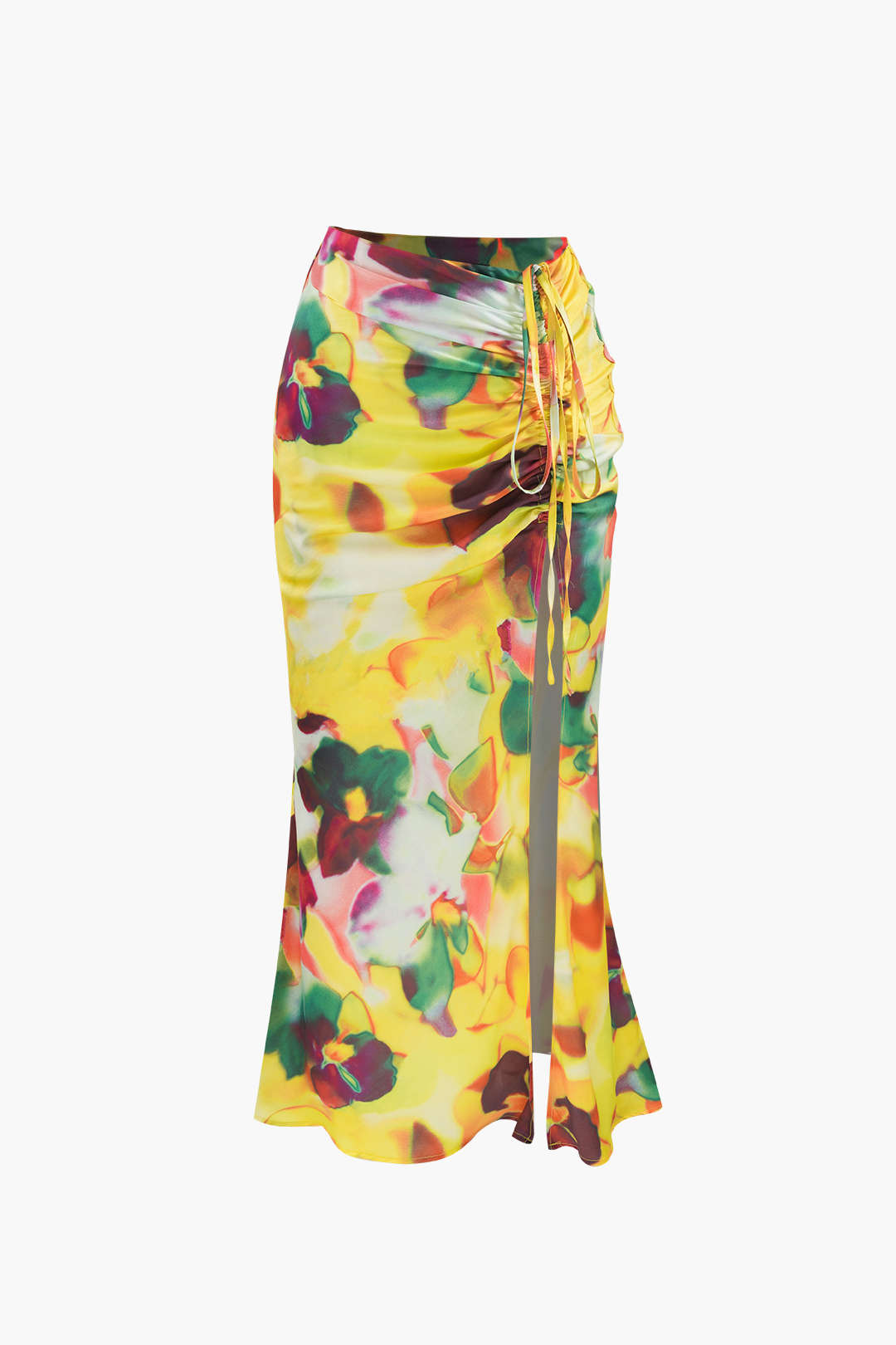 Floral Print Ruched Slit Midi Skirt - Y2K Aesthetic Cute Skirt for Trendy Outfits