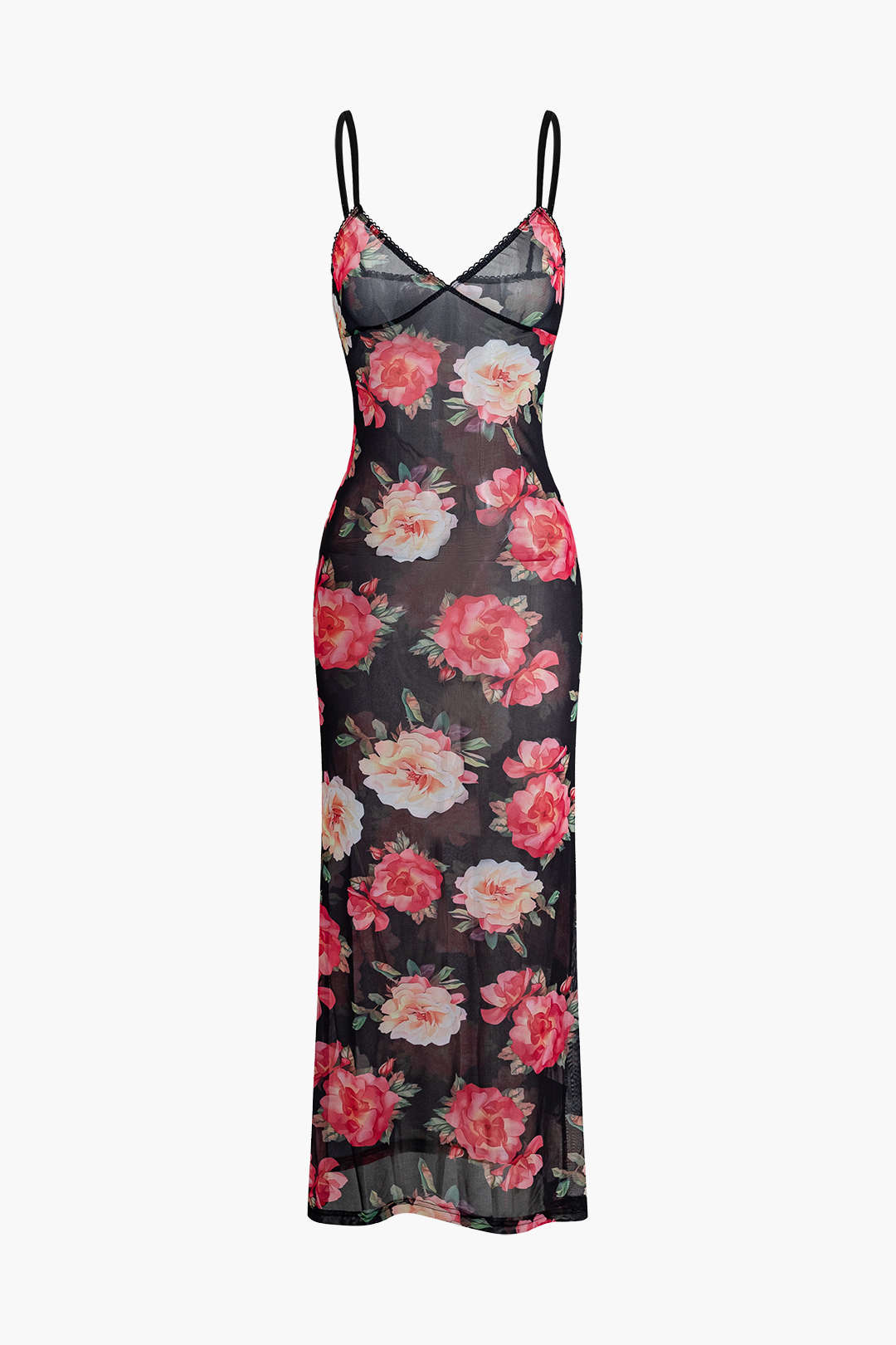 Floral Print Sheer Mesh Cami Maxi Dress for Y2K Aesthetic and Coquette Style Outfits