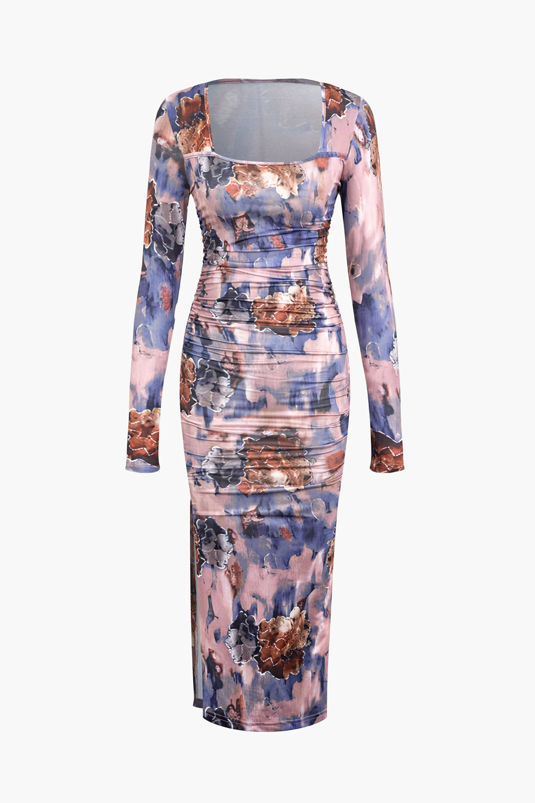 Floral Print Square Neck Ruched Slit Midi Dress - Y2K Aesthetic Cute Dress for Stylish Outfits