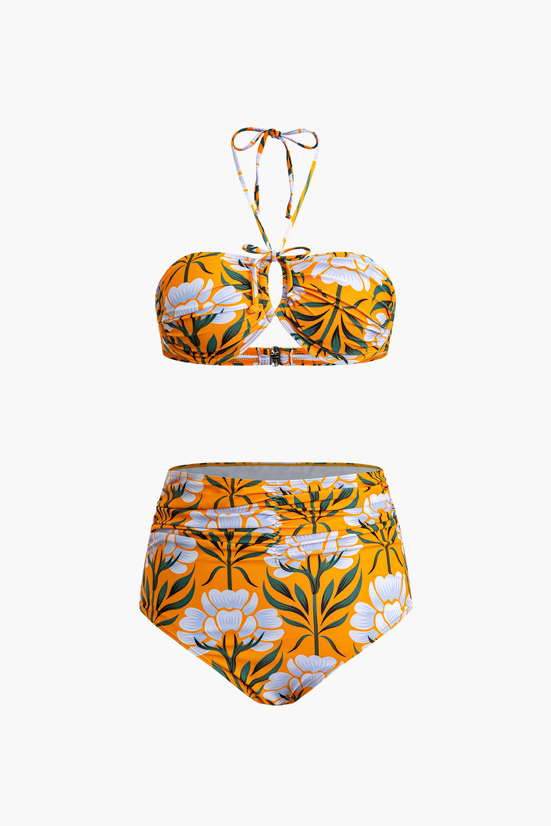 Floral Print Tie Halter Bikini with Wrap Knot Skirt - Y2K Aesthetic Swimwear Set