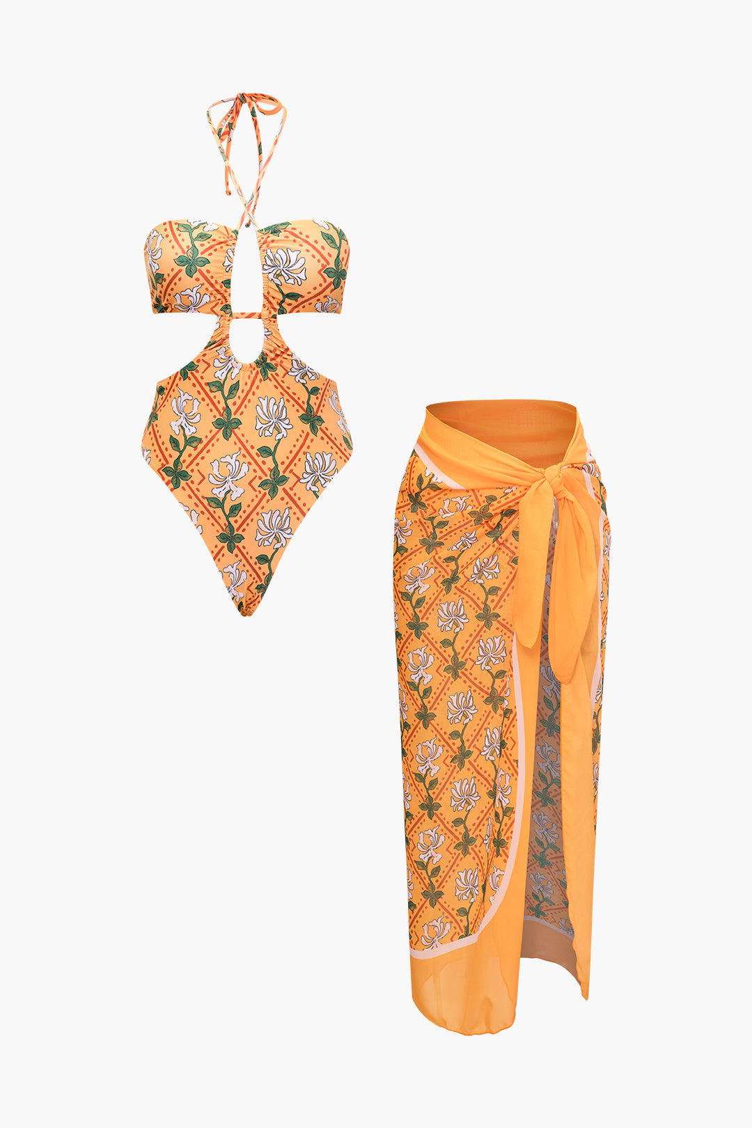 Floral Print Tie Halter Cut-Out Ruched Swimsuit with Wrap Cover-Up Skirt Set for Y2K Aesthetic