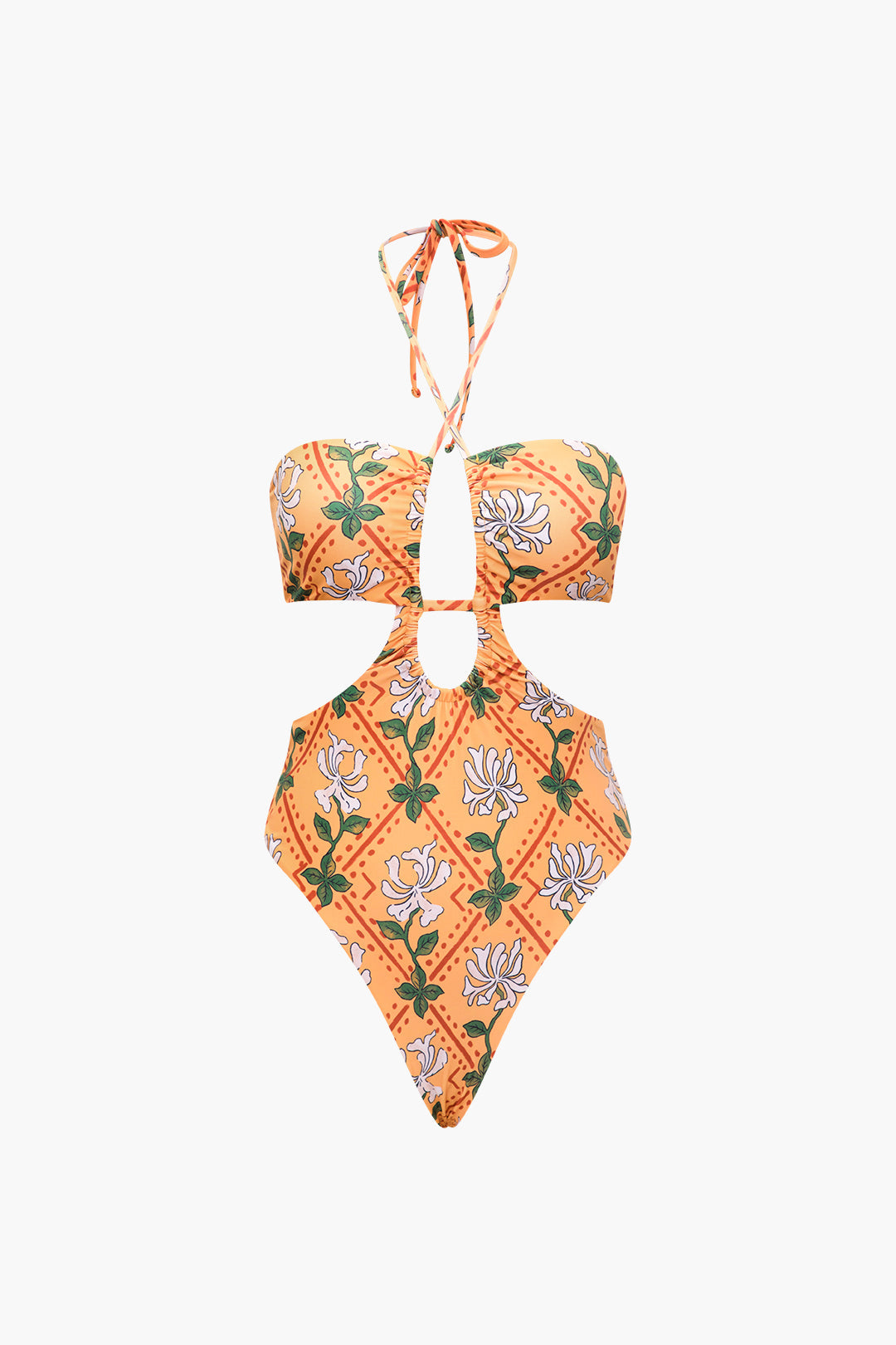 Floral Print Tie Halter Cut-Out Ruched Swimsuit with Wrap Cover-Up Skirt Set for Y2K Aesthetic