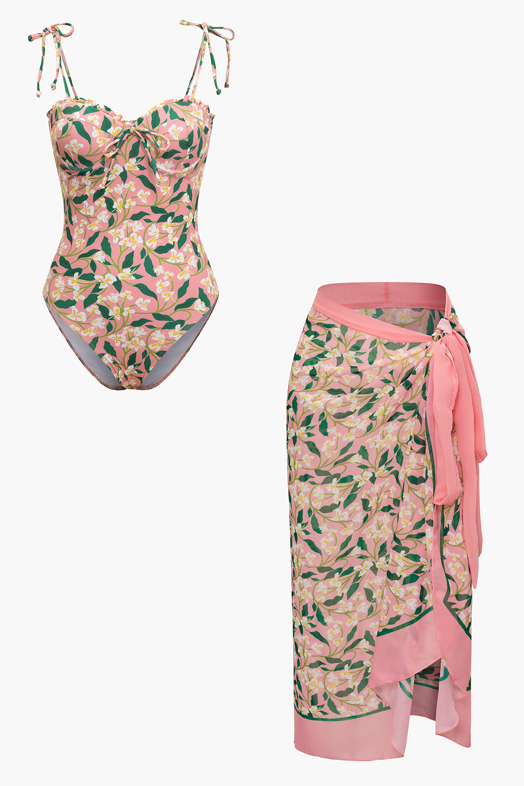 Floral Print Tie Strap One-Piece Swimsuit with Knot Sarong Skirt Set for Y2K Aesthetic